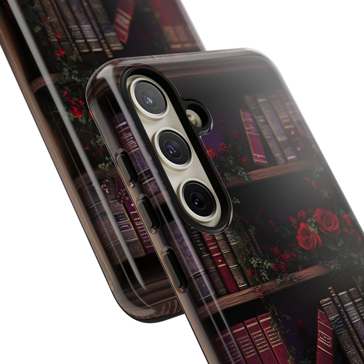 Book Lovers Phone Case - Roses and Books in Moody Vintage Bookshelf - iPhone 16 15 14 13 12 11, Samsung Galaxy & Google Pixel Phone Covers