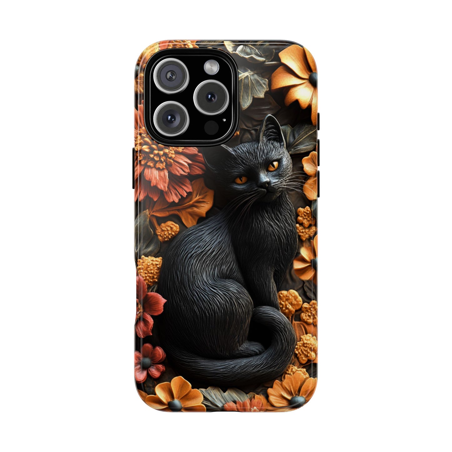 Black Cat Floral Fall Phone Case - Carved Clay Effect Phone Cases - iPhone 16 15 14 13 12 11, Samsung Galaxy & Google Pixel Phone Covers - Boo and Bewear