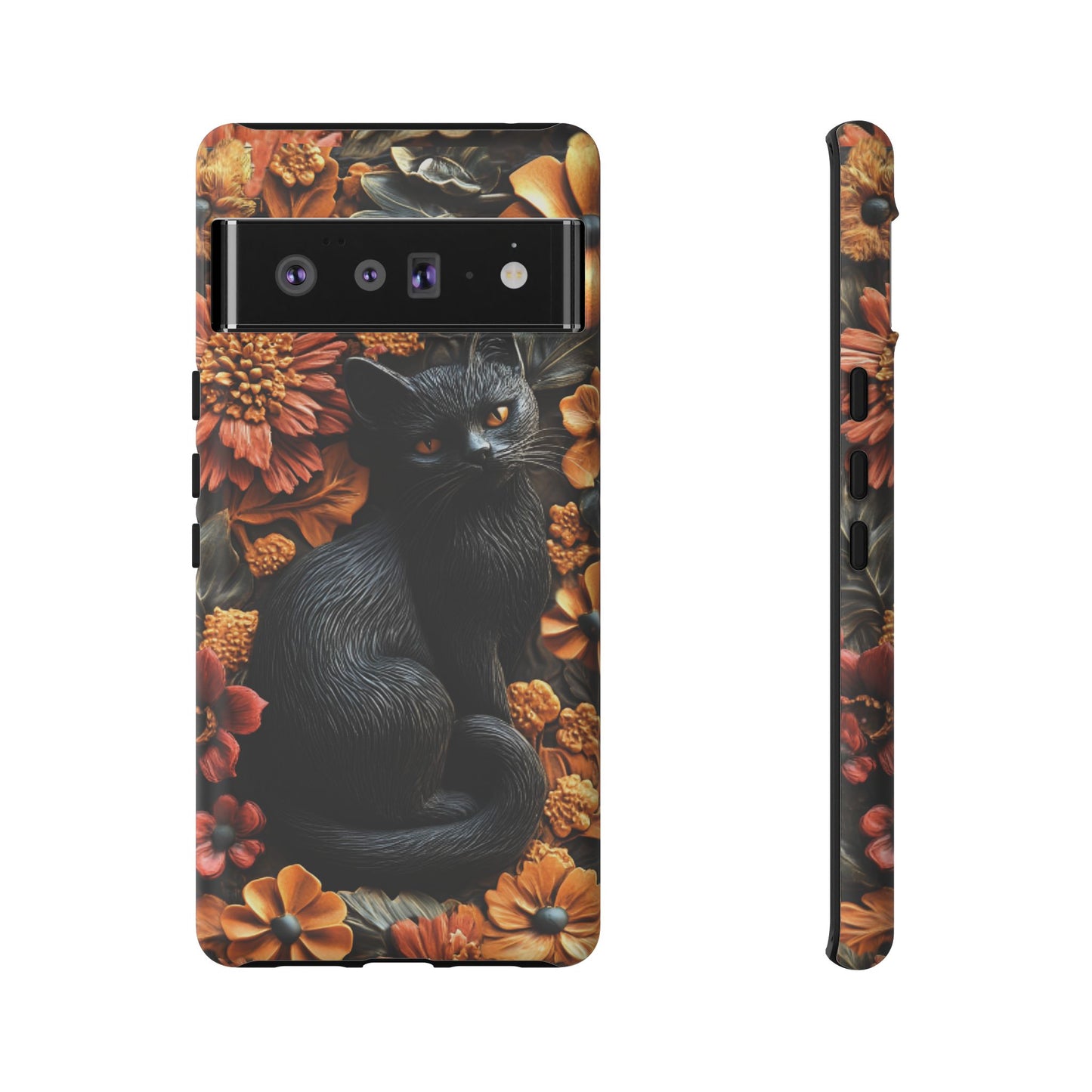 Black Cat Floral Fall Phone Case - Carved Clay Effect Cat Lover Phone Cases - iPhone 16 15 14 13 12 11, Samsung Galaxy & Google Pixel Phone Covers