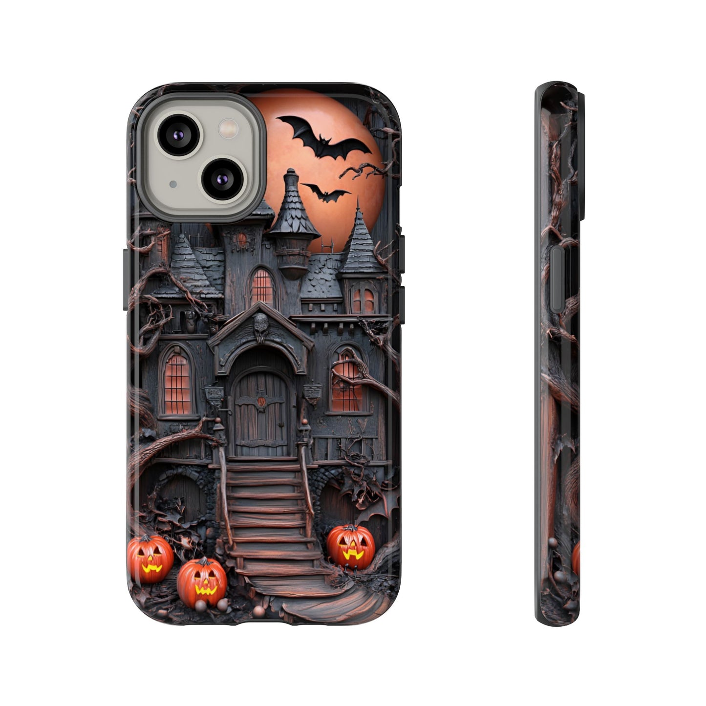 Carved Wood Haunted House Phone Case - Faux Wood Spooky Halloween Phone Cases for iPhone 16 15 14 13 12 11, Samsung Galaxy & Google Pixel