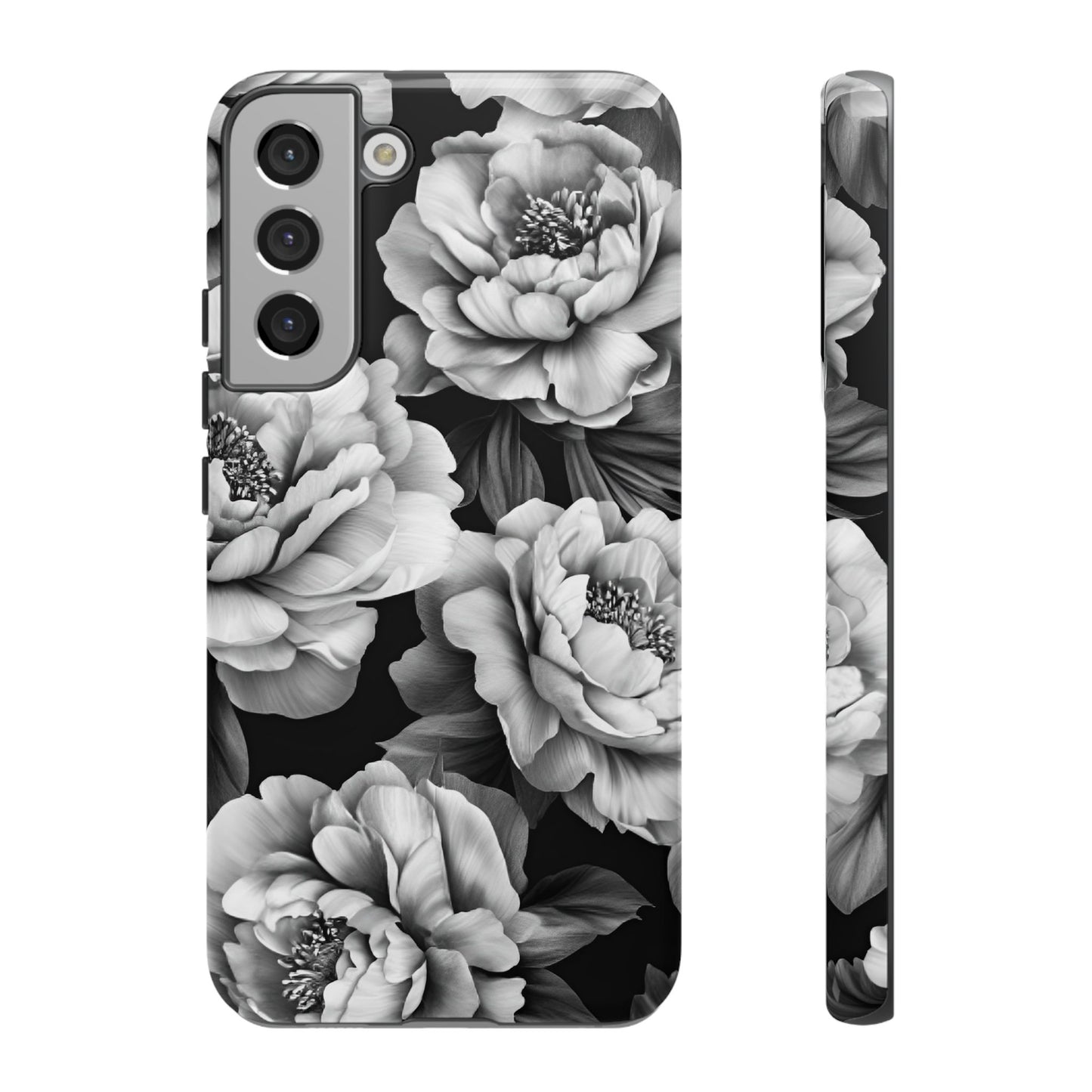 Black and White Peony Flower Phone Case - Aesthetic Dark Floral Phone Cases for iPhone 16 15 14 13 12 11, Samsung Galaxy & Google Pixel