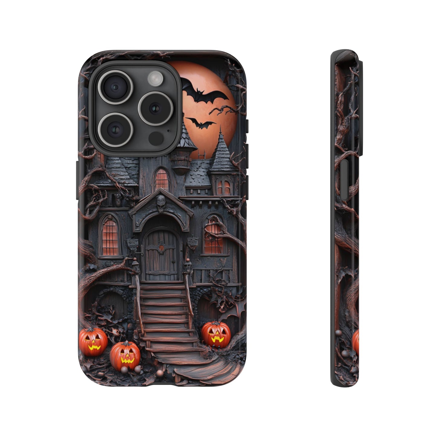 Carved Wood Haunted House Phone Case - Faux Wood Spooky Halloween Phone Cases for iPhone 16 15 14 13 12 11, Samsung Galaxy & Google Pixel