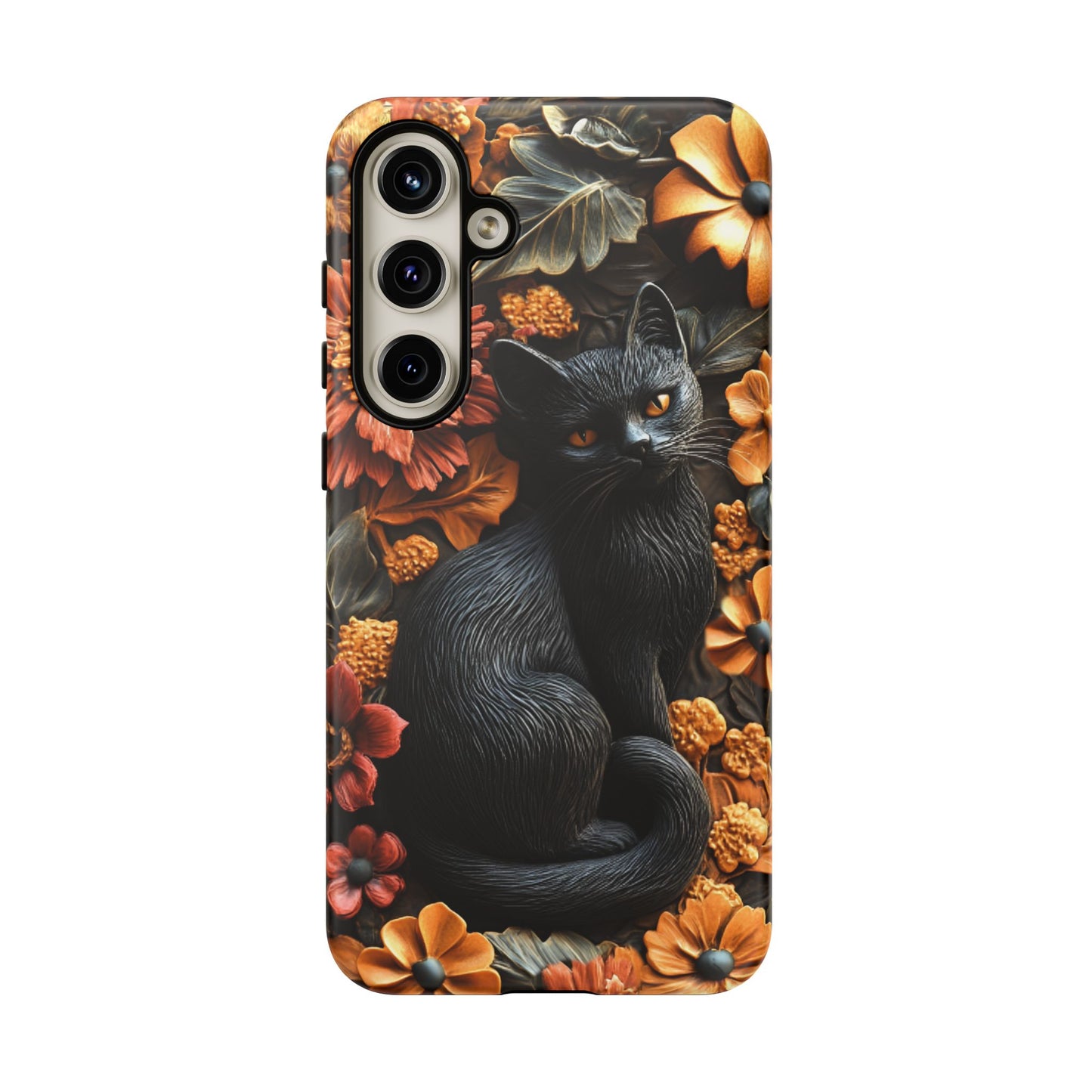 Black Cat Floral Fall Phone Case - Carved Clay Effect Cat Lover Phone Cases for iPhone 16 15 14 13 12 11, Samsung Galaxy & Google Pixel