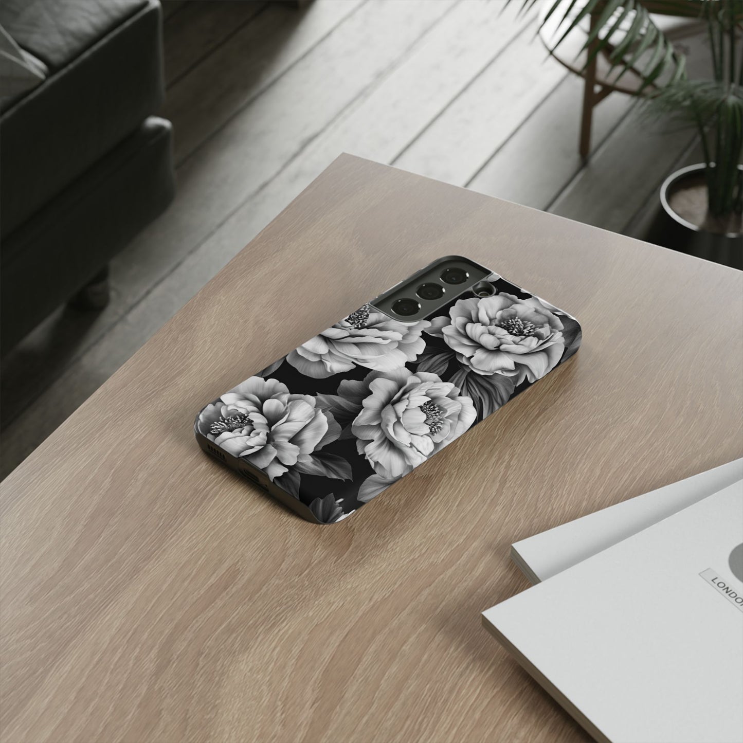 Black and White Peony Flower Phone Case - Aesthetic Dark Floral Phone Cases - iPhone 16 15 14 13 12 11, Samsung Galaxy & Google Pixel Phone Covers