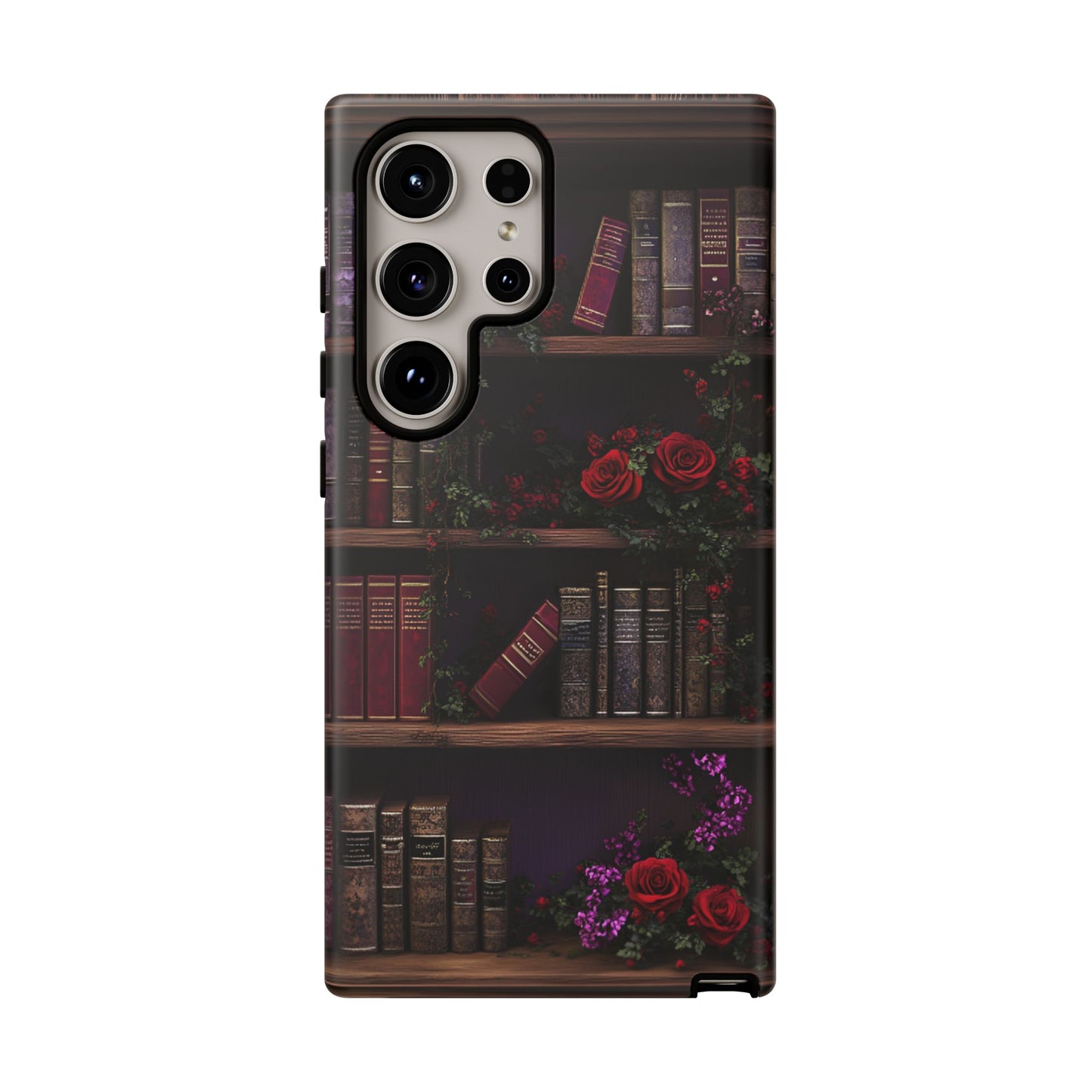 Book Lovers Phone Case - Roses and Books in Moody Vintage Bookshelf for iPhone 16 15 14 13 12 11, Samsung Galaxy & Google Pixel