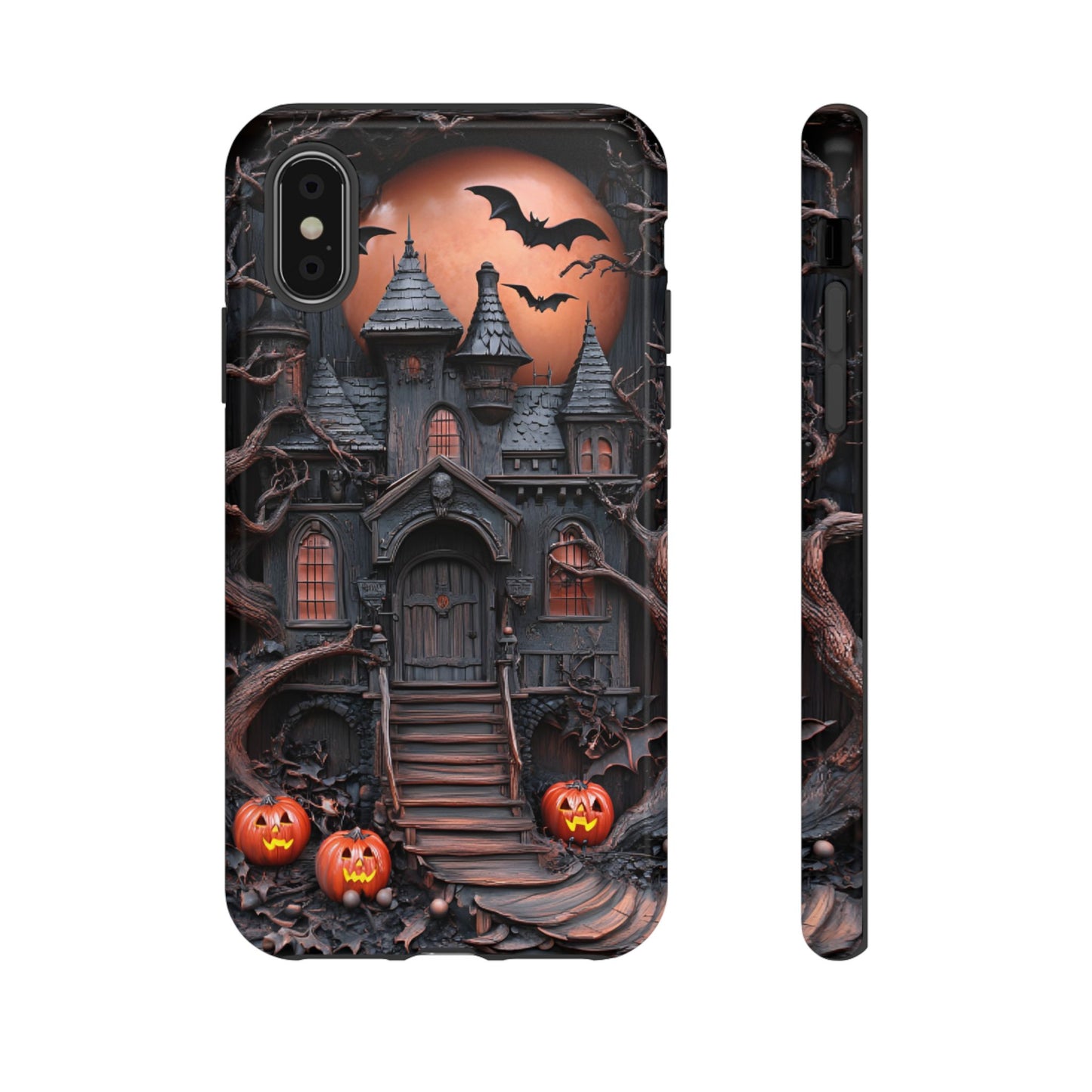 Carved Wood Haunted House Phone Case - Faux Wood Spooky Halloween Phone Cases - iPhone 16 15 14 13 12 11, Samsung Galaxy & Google Pixel Phone Covers