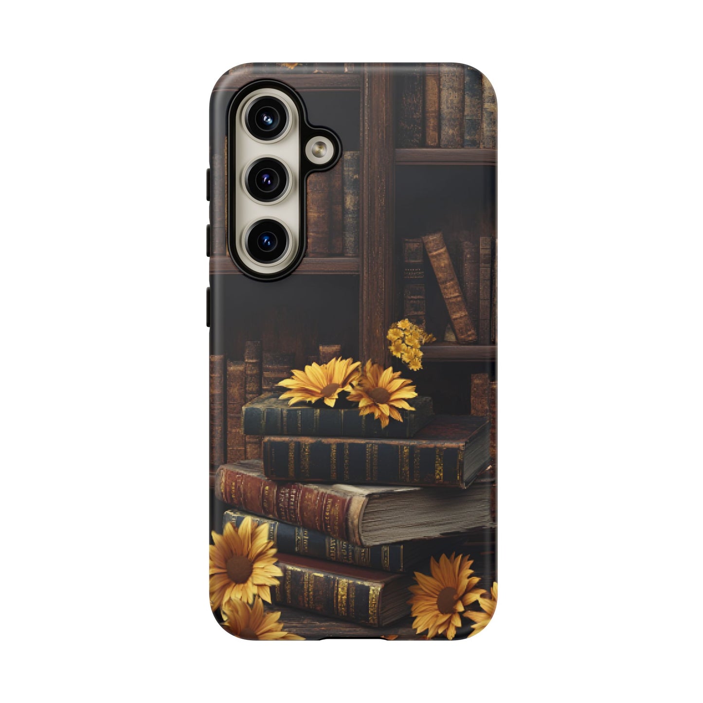 Vintage Books and Sunflowers Phone Case - Dark Academia Library Phone Cases for iPhone 16 15 14 13 12 11, Samsung Galaxy & Google Pixel