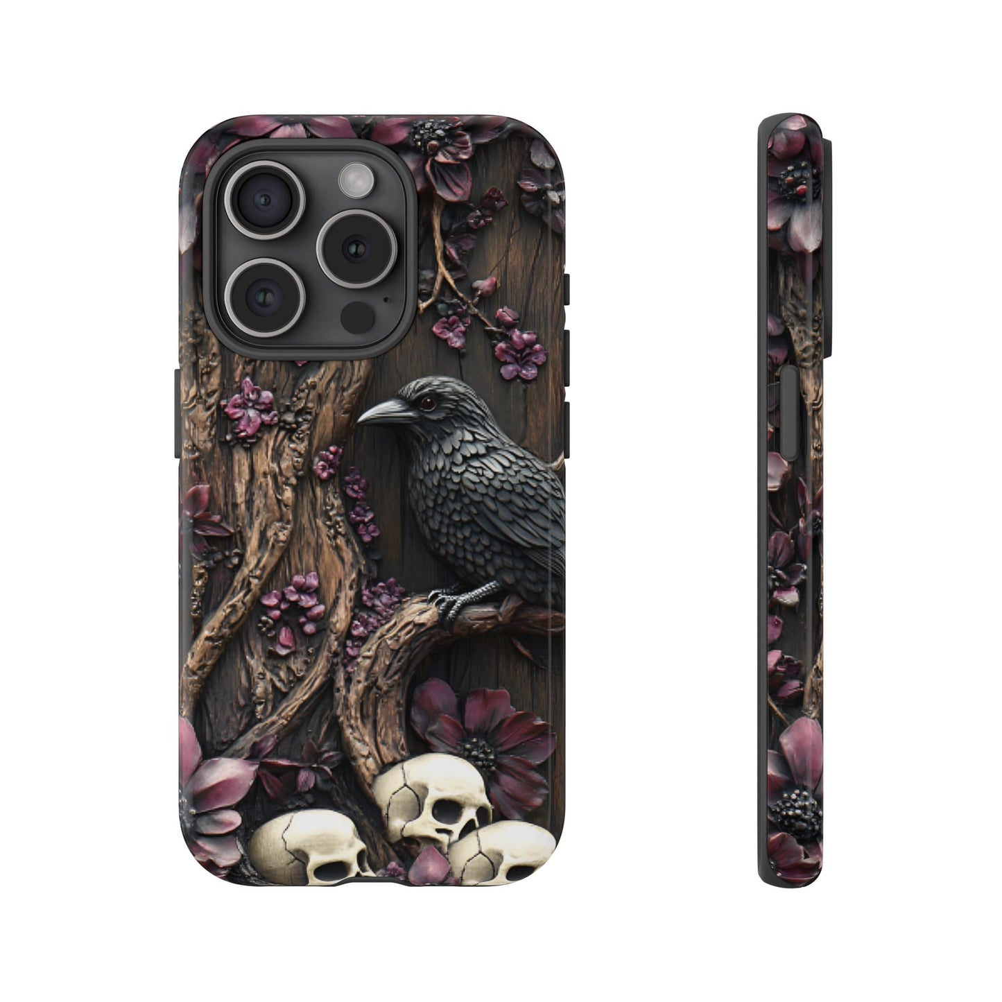 Raven and Skulls Phone Case - Gothic Faux Wood Phone Cases - iPhone 16 15 14 13 12 11, Samsung Galaxy & Google Pixel Phone Covers