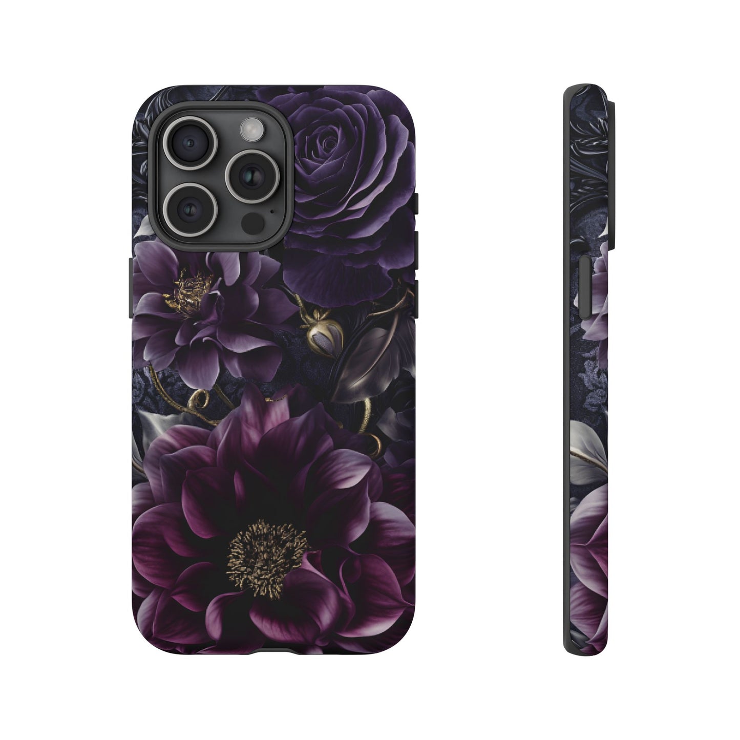 Gothic Dark Floral Phone Case - Aesthetic Purple and Gold Flowers - iPhone 16 15 14 13 12 11, Samsung Galaxy & Google Pixel Phone Covers