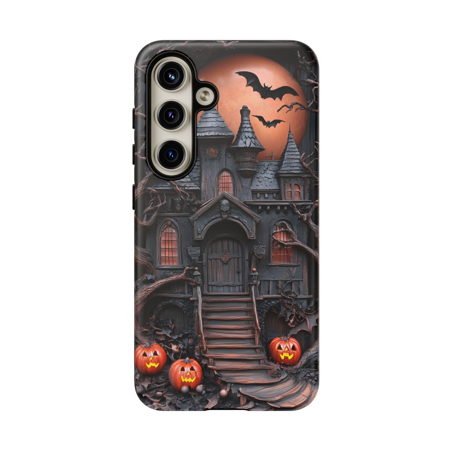 Carved Wood Haunted House Phone Case - Faux Wood Spooky Halloween Phone Cases - iPhone 16 15 14 13 12 11, Samsung Galaxy & Google Pixel Phone Covers