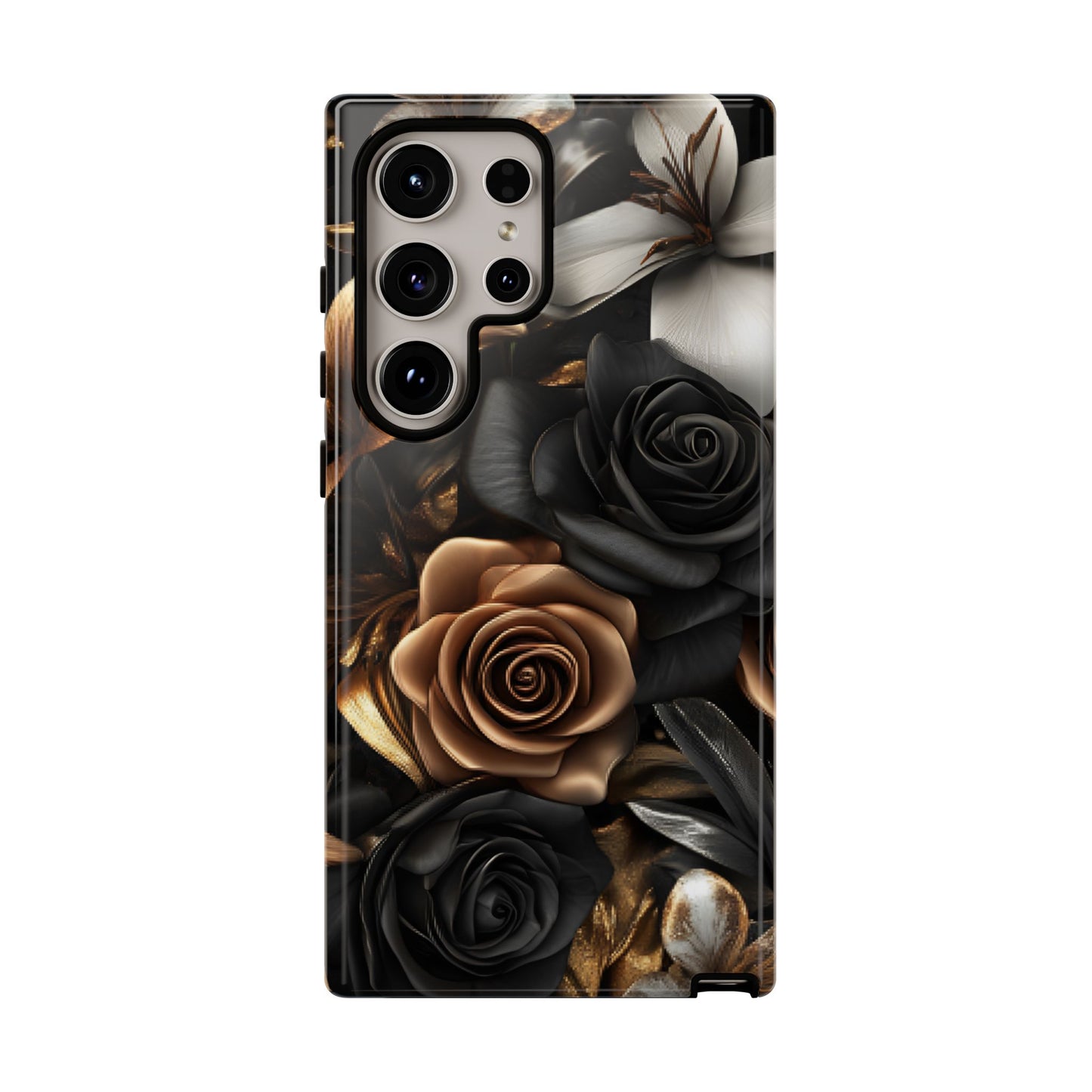 Floral Phone Case - Black and Gold Roses - iPhone 16 15 14 13 12 11, Samsung Galaxy & Google Pixel Phone Covers