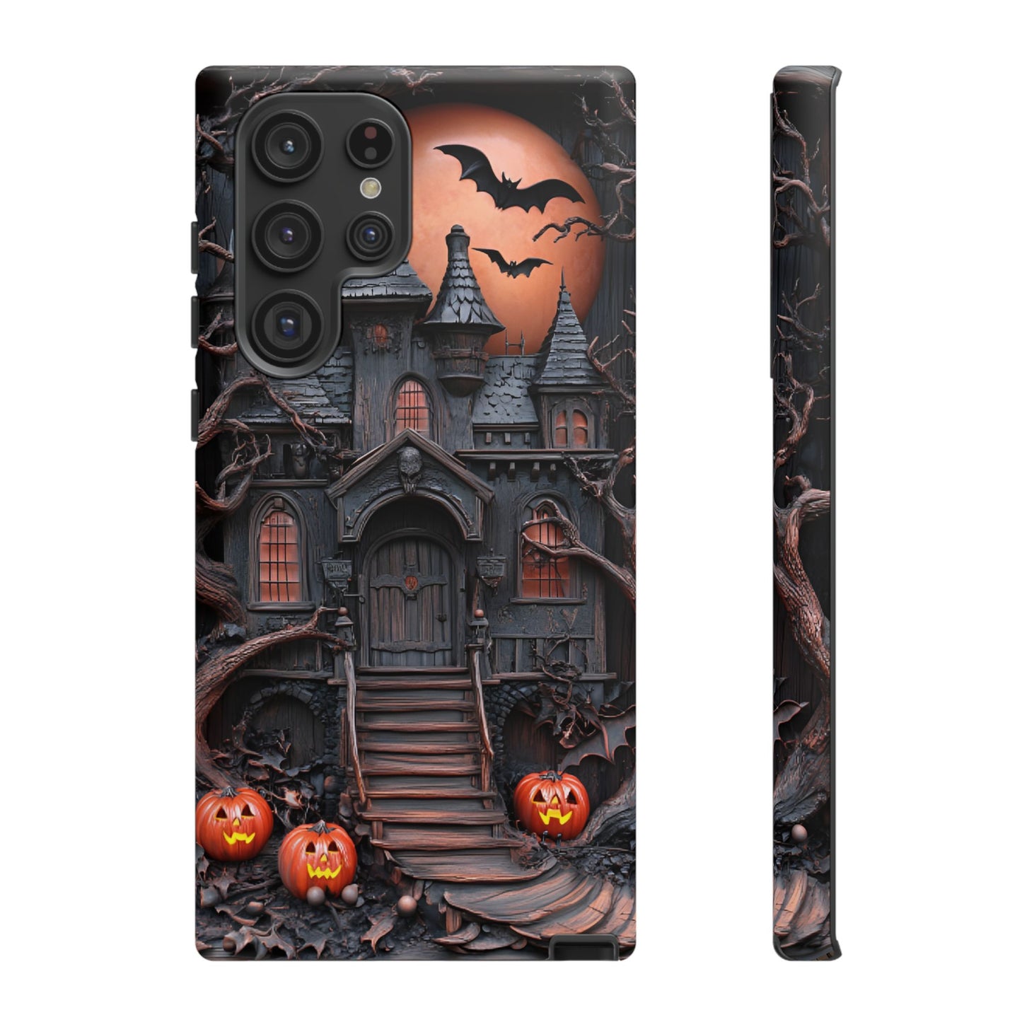 Carved Wood Haunted House Phone Case - Faux Wood Spooky Halloween Phone Cases for iPhone 16 15 14 13 12 11, Samsung Galaxy & Google Pixel