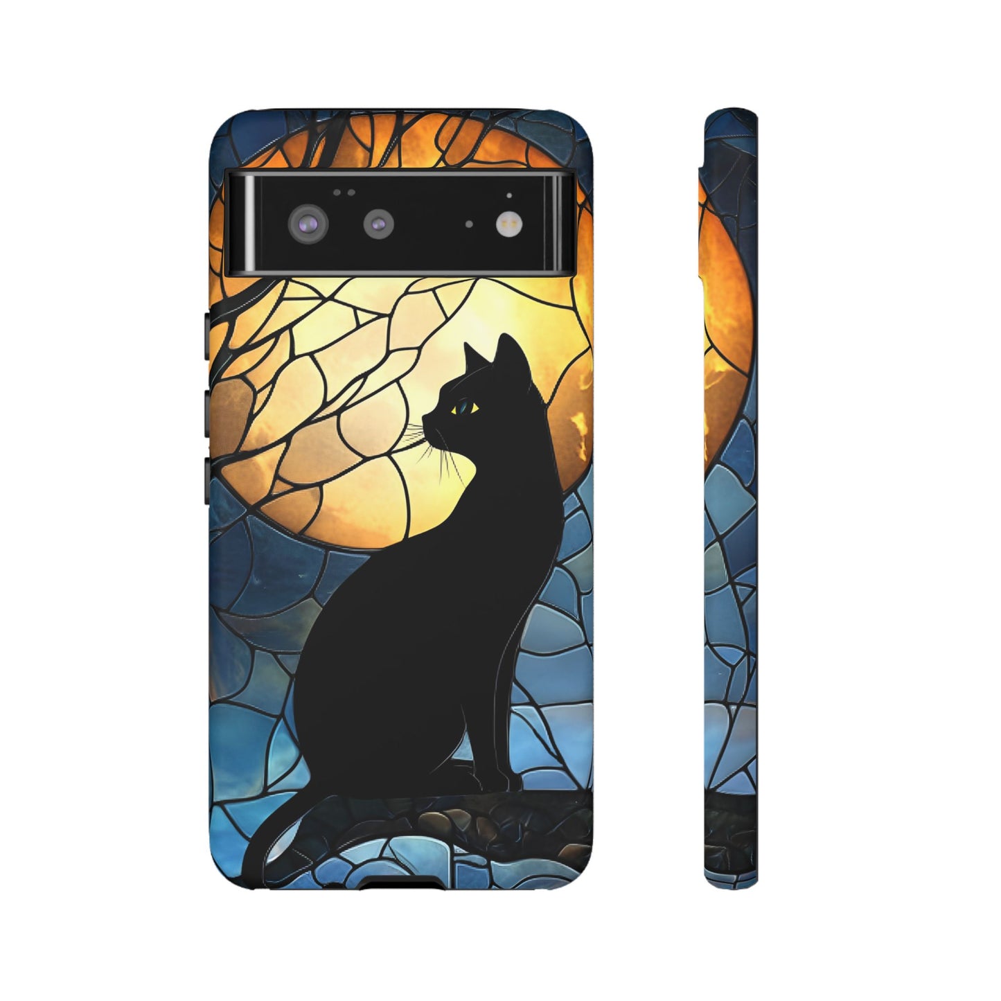 Black Cat and Moon Stained Glass Phone Case - Celestial Cat Lover Phone Cases - iPhone 16 15 14 13 12 11, Samsung Galaxy & Google Pixel Phone Covers