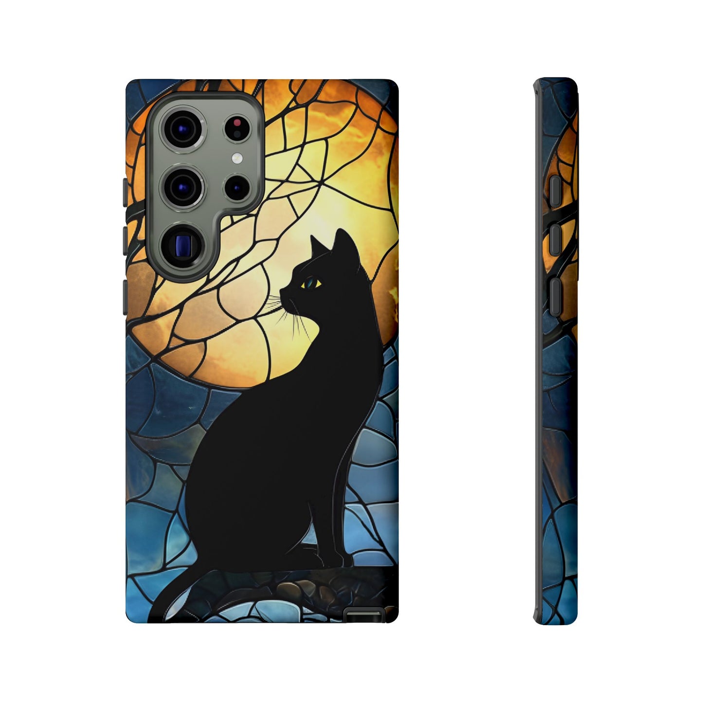 Black Cat and Moon Stained Glass Phone Case - Celestial Cat Lover Phone Cases for iPhone 16 15 14 13 12 11, Samsung Galaxy & Google Pixel