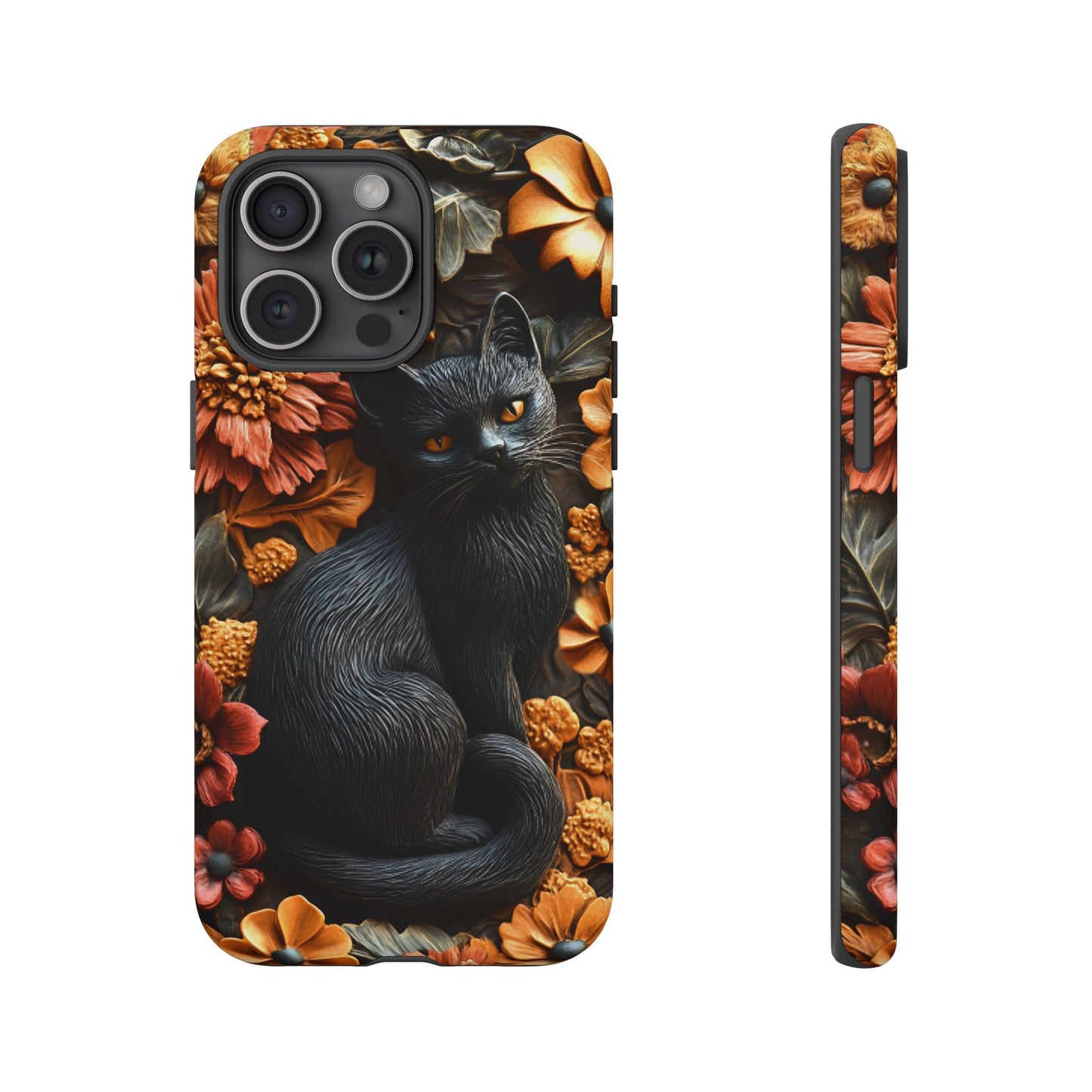 Black Cat Floral Fall Phone Case - Carved Clay Effect Cat Lover Phone Cases for iPhone 16 15 14 13 12 11, Samsung Galaxy & Google Pixel