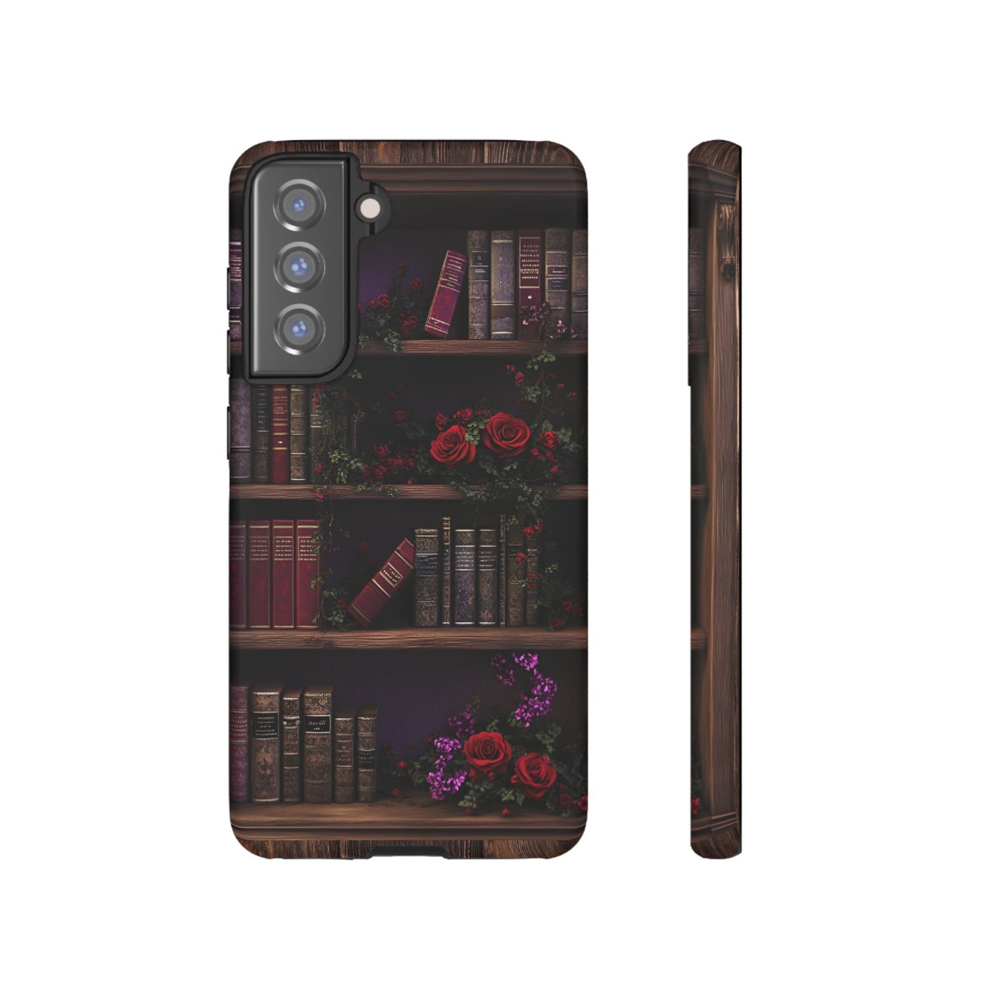 Book Lovers Phone Case - Roses and Books in Moody Vintage Bookshelf for iPhone 16 15 14 13 12 11, Samsung Galaxy & Google Pixel