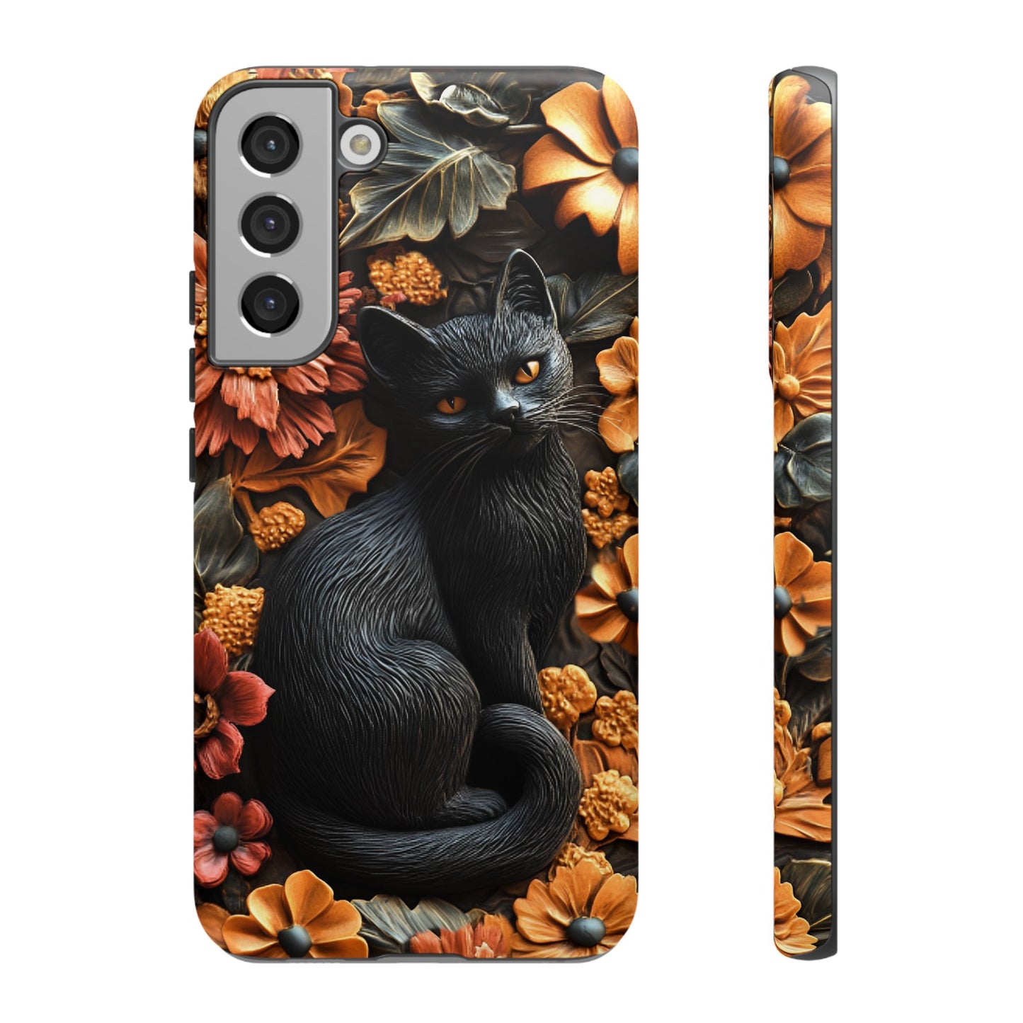 Black Cat Floral Fall Phone Case - Carved Clay Effect Cat Lover Phone Cases - iPhone 16 15 14 13 12 11, Samsung Galaxy & Google Pixel Phone Covers