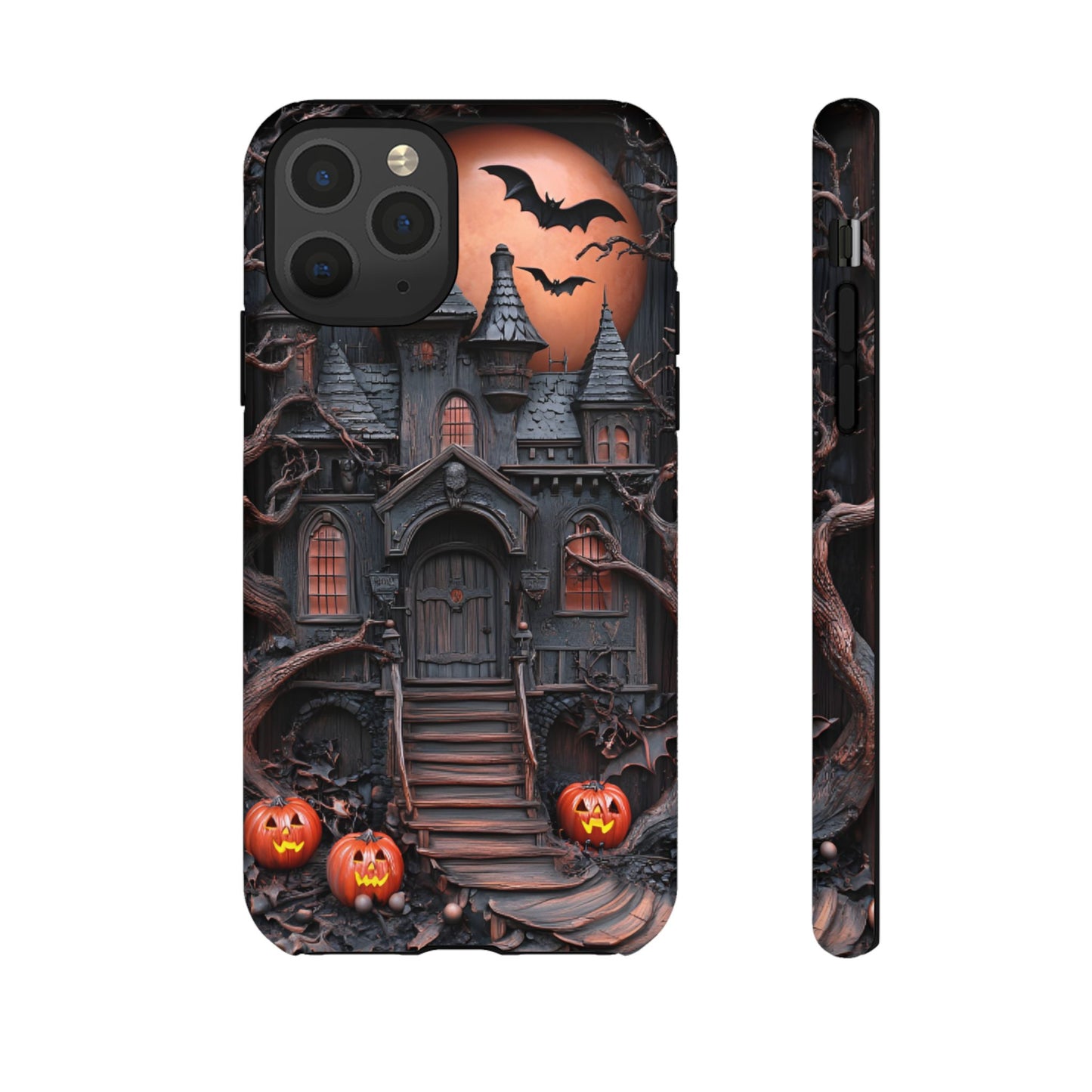 Carved Wood Haunted House Phone Case - Faux Wood Spooky Halloween Phone Cases - iPhone 16 15 14 13 12 11, Samsung Galaxy & Google Pixel Phone Covers - Boo and Bewear