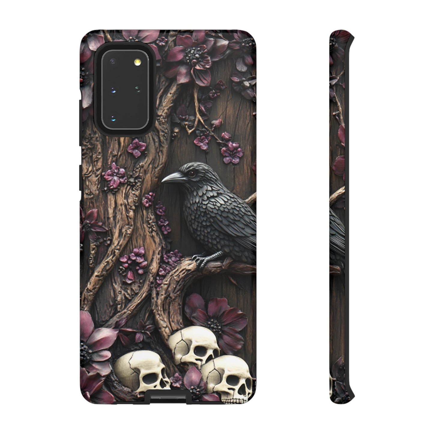 Raven and Skulls Phone Case - Gothic Faux Wood Phone Cases - iPhone 16 15 14 13 12 11, Samsung Galaxy & Google Pixel Phone Covers