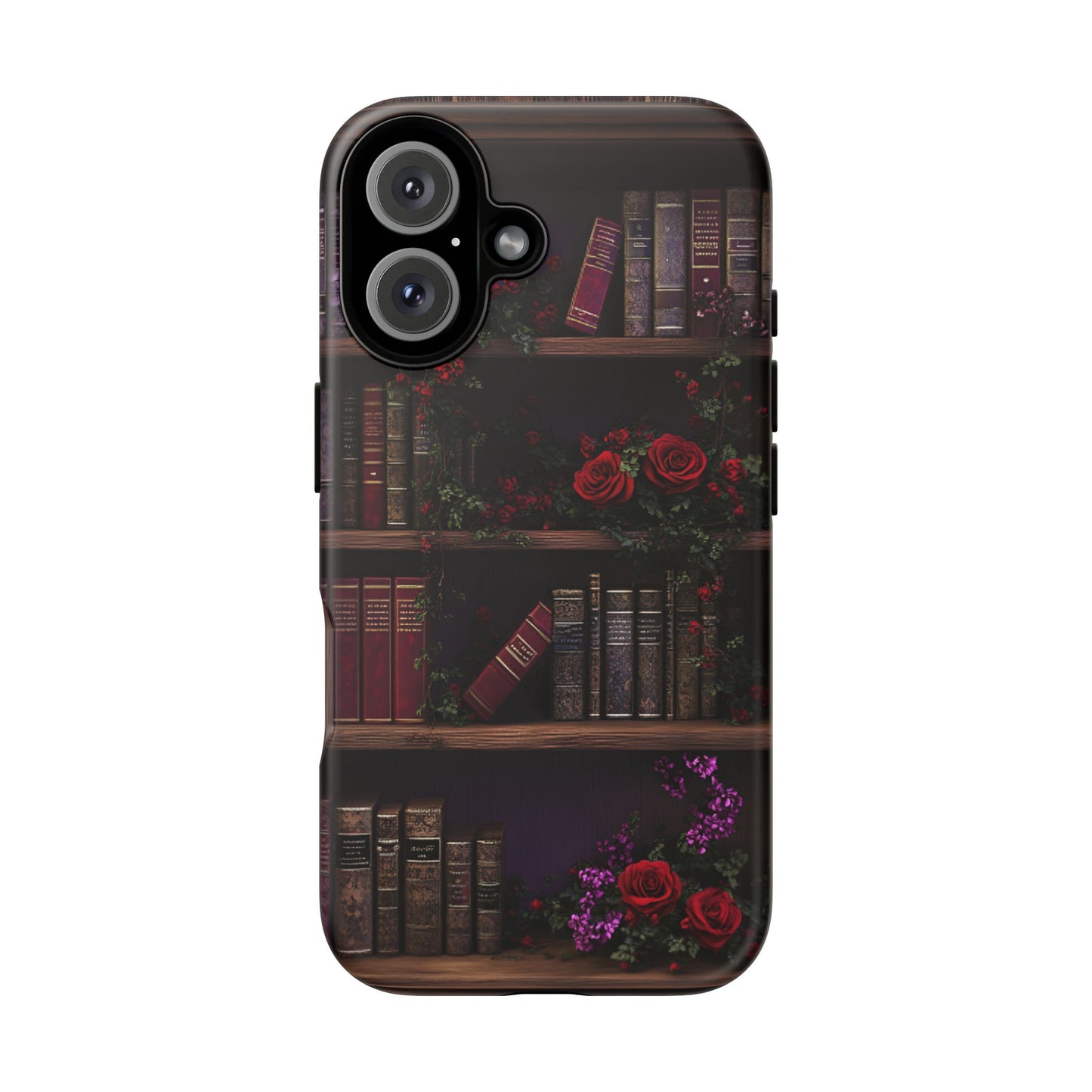 Book Lovers Phone Case - Roses and Books in Moody Vintage Bookshelf for iPhone 16 15 14 13 12 11, Samsung Galaxy & Google Pixel