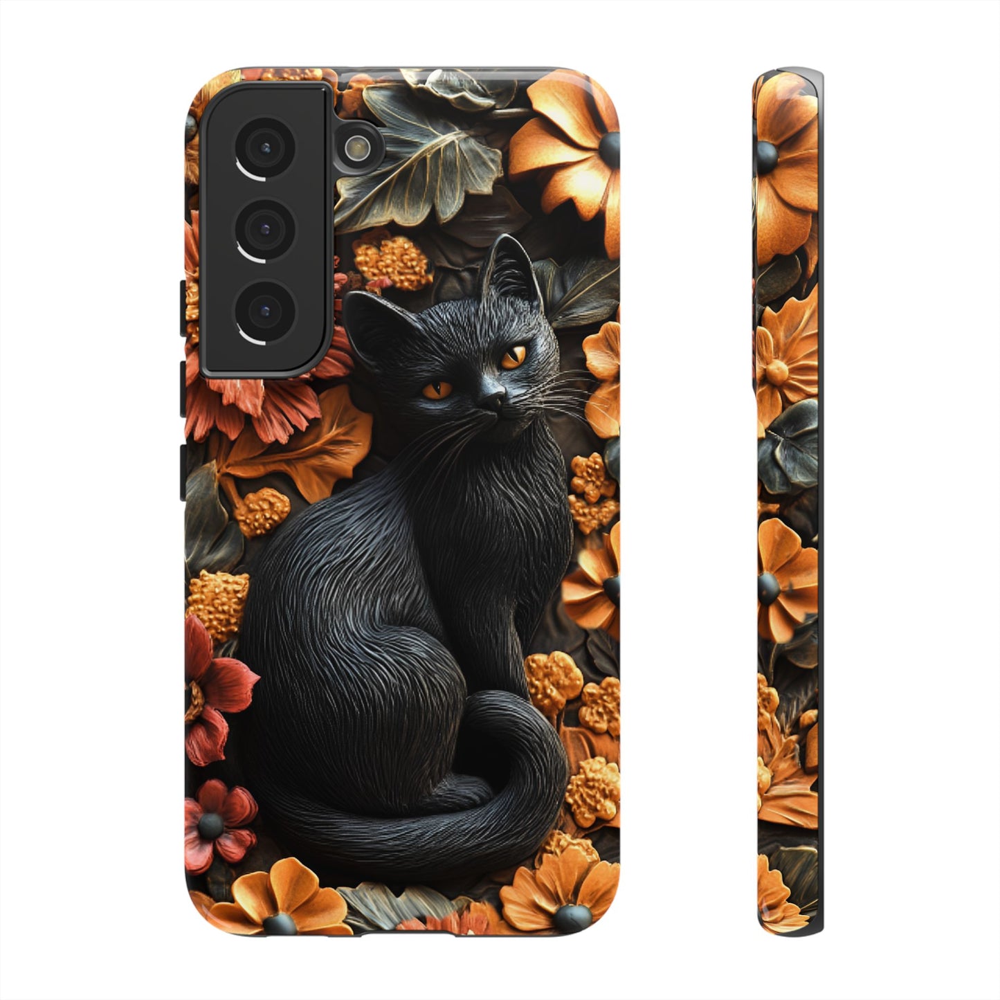 Black Cat Floral Fall Phone Case - Carved Clay Effect Cat Lover Phone Cases for iPhone 16 15 14 13 12 11, Samsung Galaxy & Google Pixel