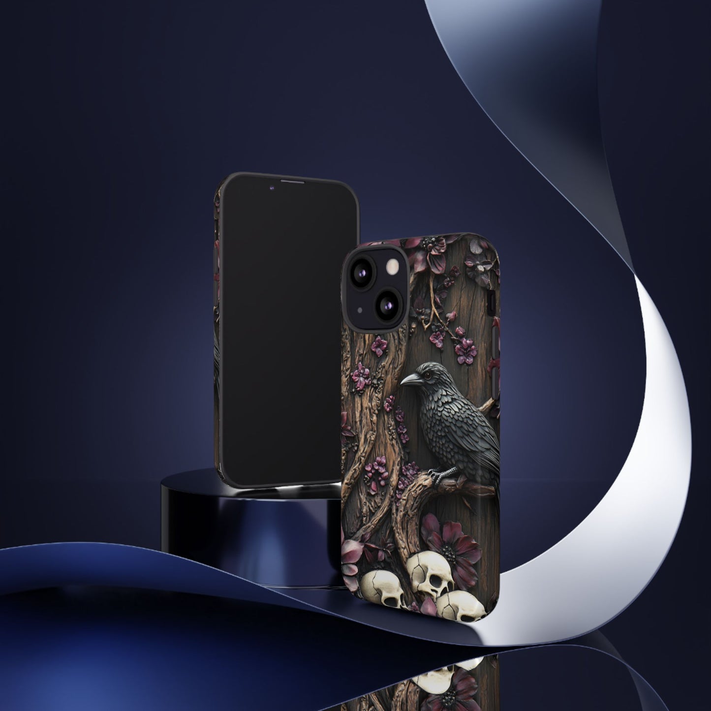 Raven and Skulls Phone Case - Gothic Faux Wood Phone Cases - iPhone 16 15 14 13 12 11, Samsung Galaxy & Google Pixel Phone Covers