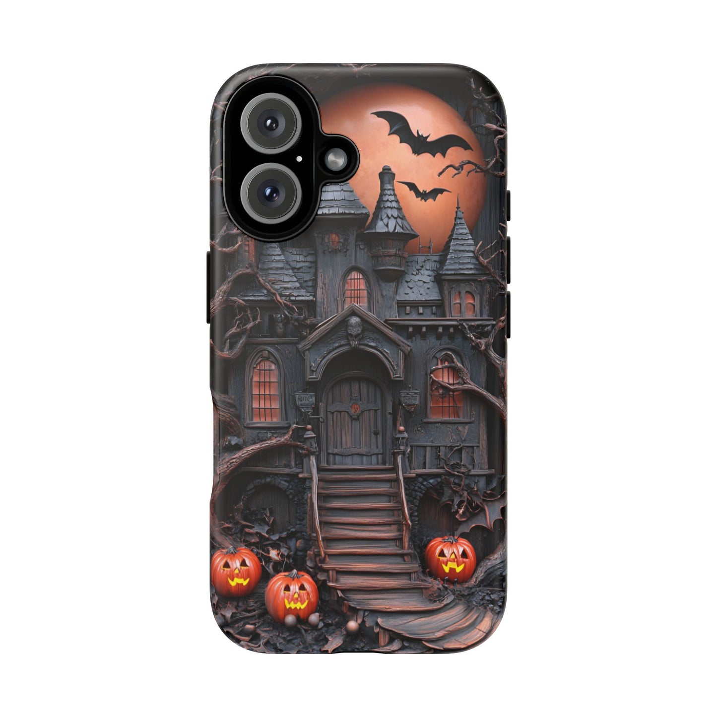 Carved Wood Haunted House Phone Case - Faux Wood Spooky Halloween Phone Cases - iPhone 16 15 14 13 12 11, Samsung Galaxy & Google Pixel Phone Covers