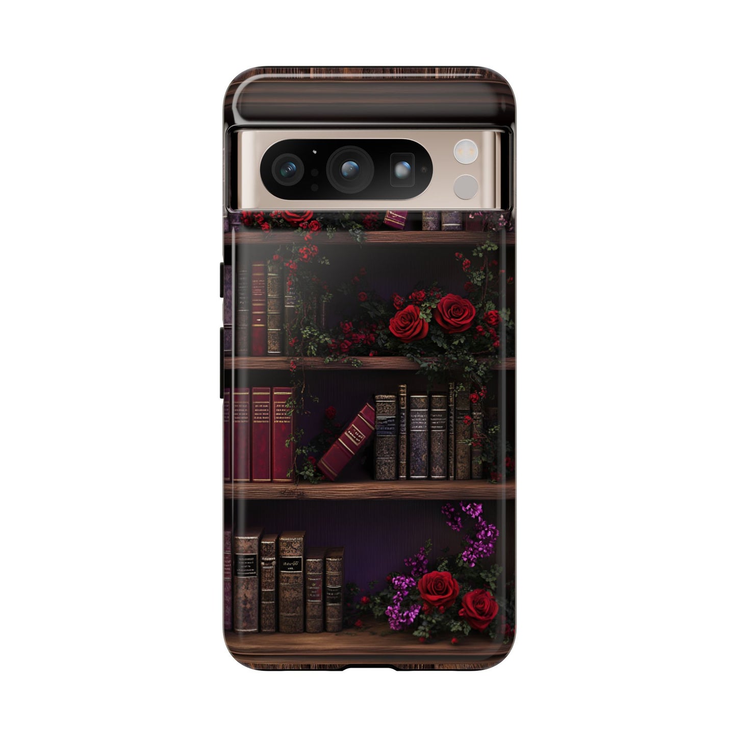 Book Lovers Phone Case - Roses and Books in Moody Vintage Bookshelf - iPhone 16 15 14 13 12 11, Samsung Galaxy & Google Pixel Phone Covers