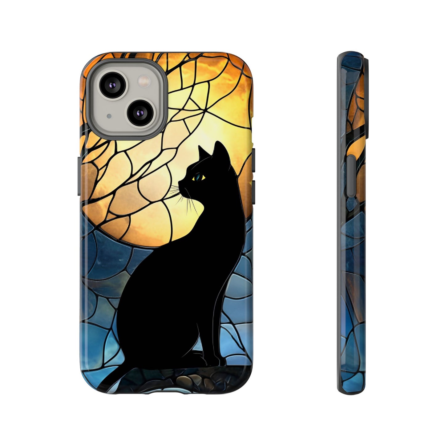 Black Cat and Moon Stained Glass Phone Case - Celestial Cat Lover Phone Cases for iPhone 16 15 14 13 12 11, Samsung Galaxy & Google Pixel