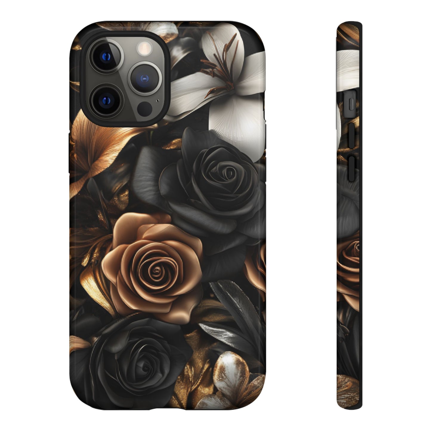 Floral Phone Case - Black and Gold Roses for iPhone 16 15 14 13 12 11, Samsung Galaxy & Google Pixel