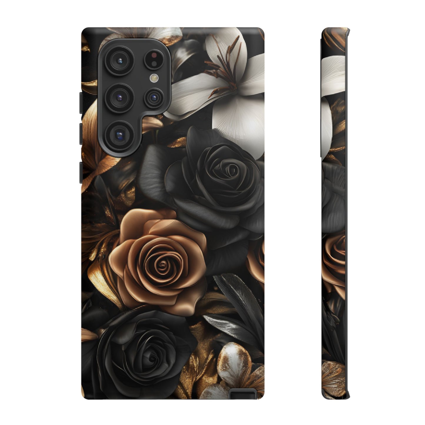 Floral Phone Case - Black and Gold Roses - iPhone 16 15 14 13 12 11, Samsung Galaxy & Google Pixel Phone Covers