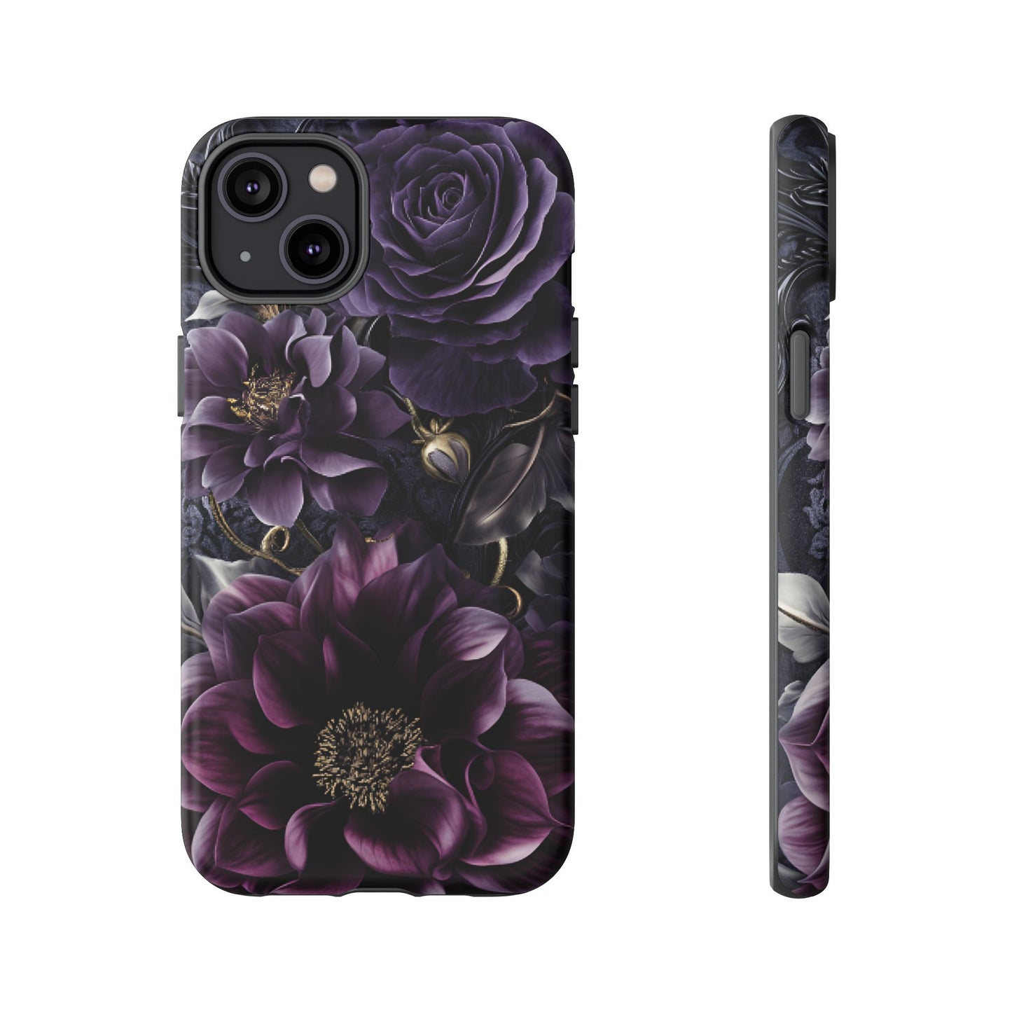 Gothic Dark Floral Phone Case - Aesthetic Purple and Gold Flowers for iPhone 16 15 14 13 12 11, Samsung Galaxy & Google Pixel