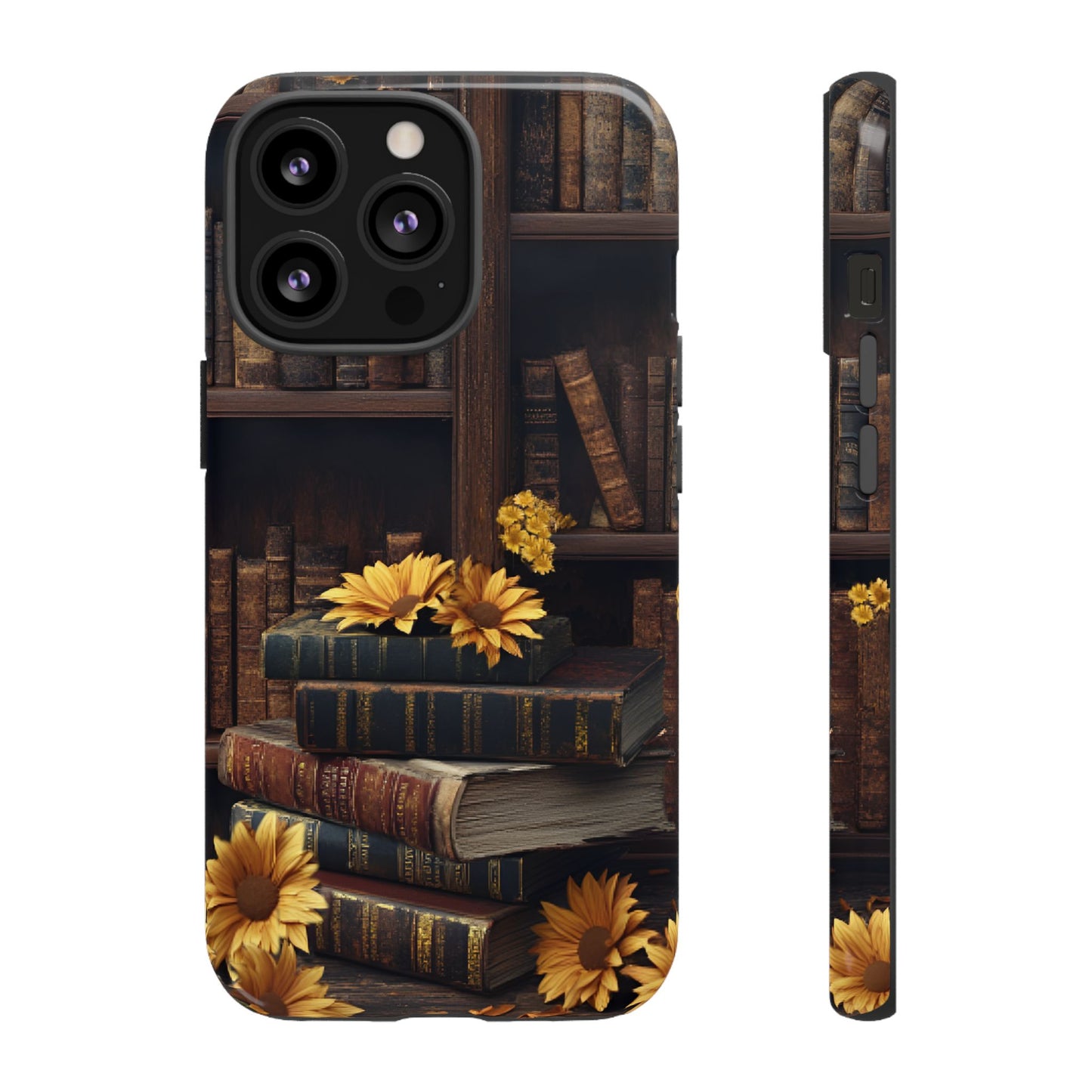 Vintage Books and Sunflowers Phone Case - Dark Academia Library Phone Cases for iPhone 16 15 14 13 12 11, Samsung Galaxy & Google Pixel