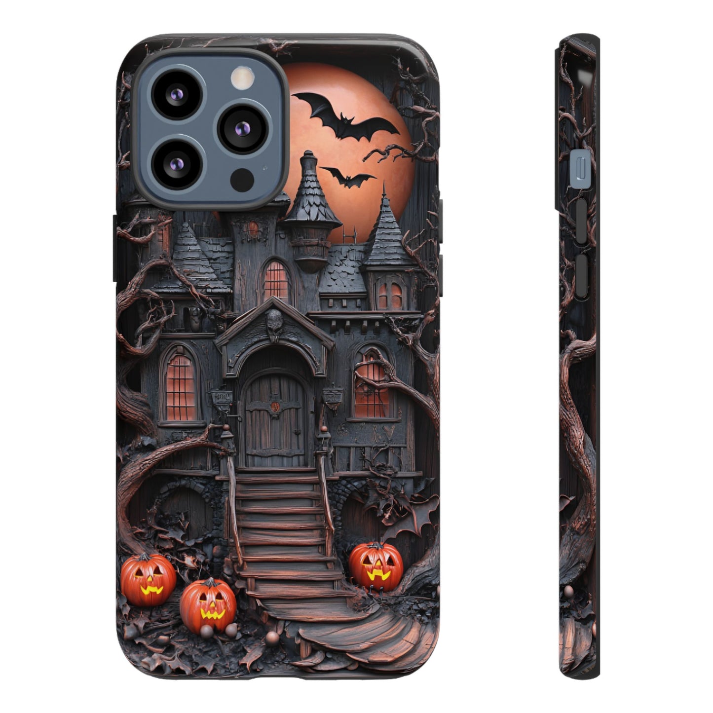 Carved Wood Haunted House Phone Case - Faux Wood Spooky Halloween Phone Cases - iPhone 16 15 14 13 12 11, Samsung Galaxy & Google Pixel Phone Covers