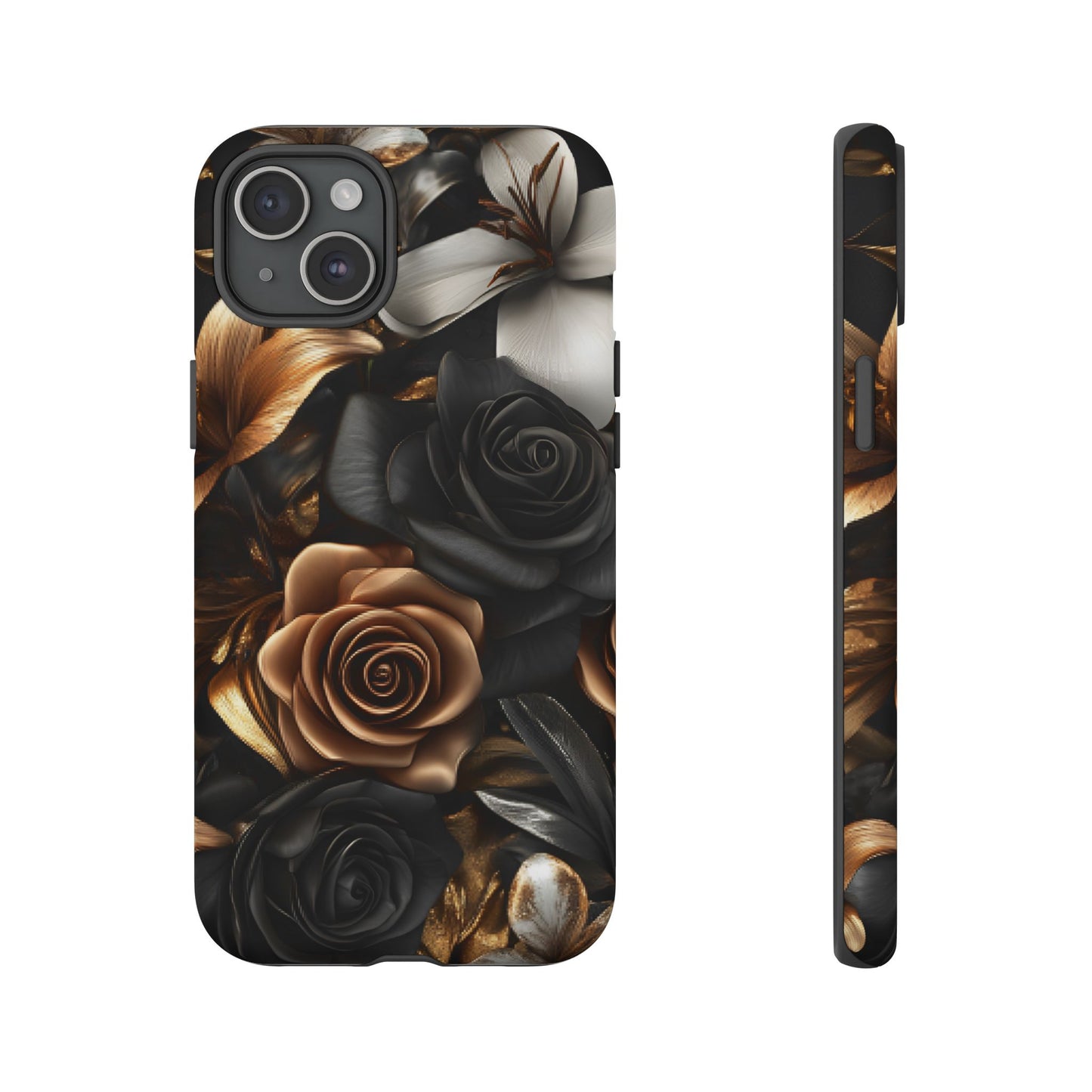 Floral Phone Case - Black and Gold Roses for iPhone 16 15 14 13 12 11, Samsung Galaxy & Google Pixel