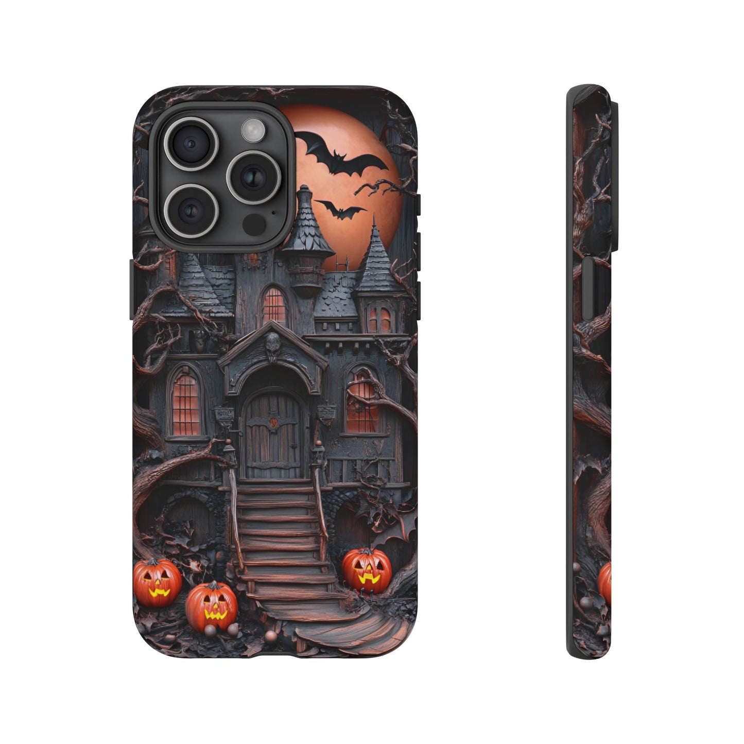 Carved Wood Haunted House Phone Case - Faux Wood Spooky Halloween Phone Cases for iPhone 16 15 14 13 12 11, Samsung Galaxy & Google Pixel