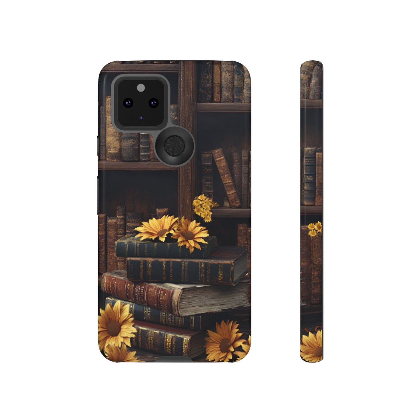 Vintage Books and Sunflowers Phone Case - Dark Academia Library Phone Cases for iPhone 16 15 14 13 12 11, Samsung Galaxy & Google Pixel