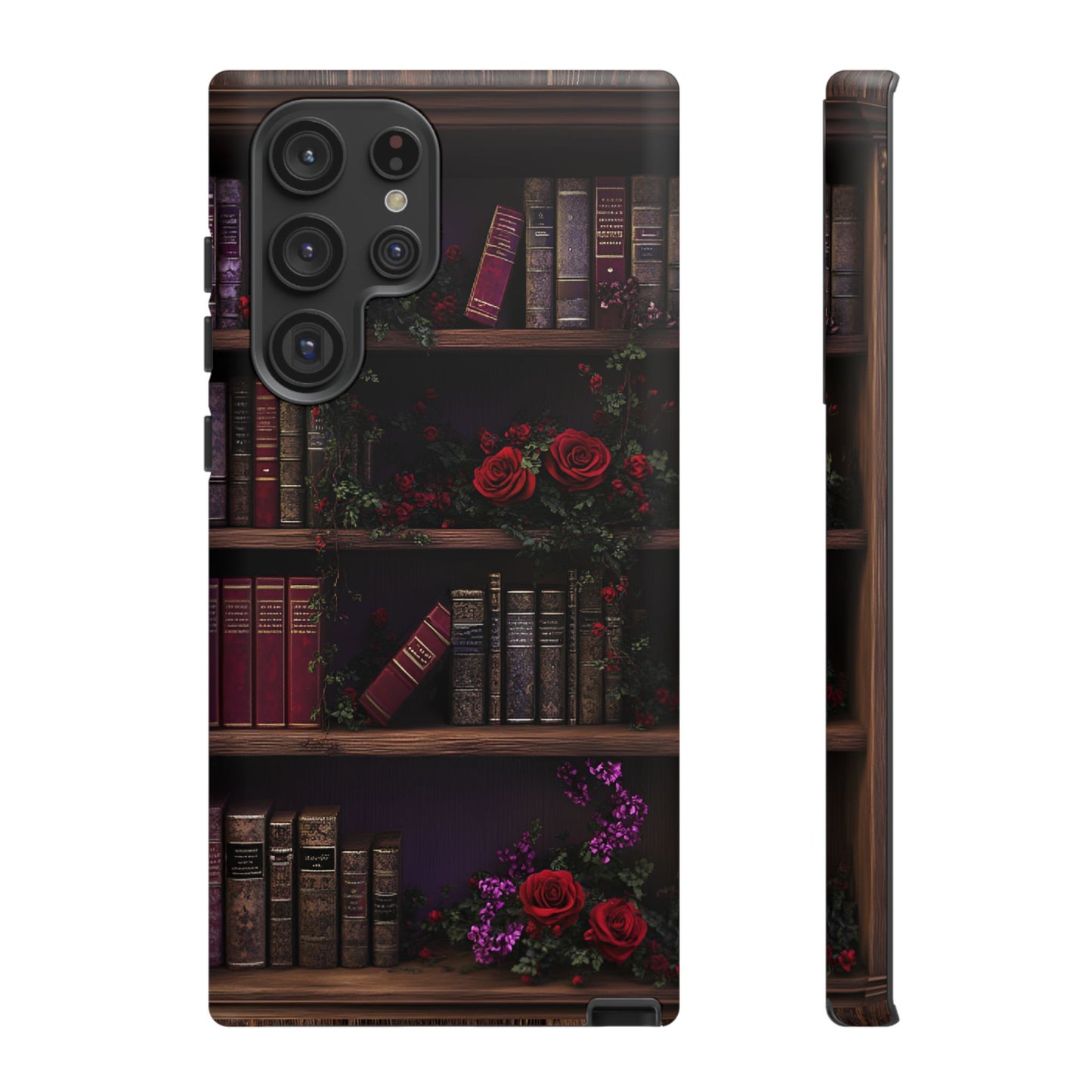 Book Lovers Phone Case - Roses and Books in Moody Vintage Bookshelf for iPhone 16 15 14 13 12 11, Samsung Galaxy & Google Pixel