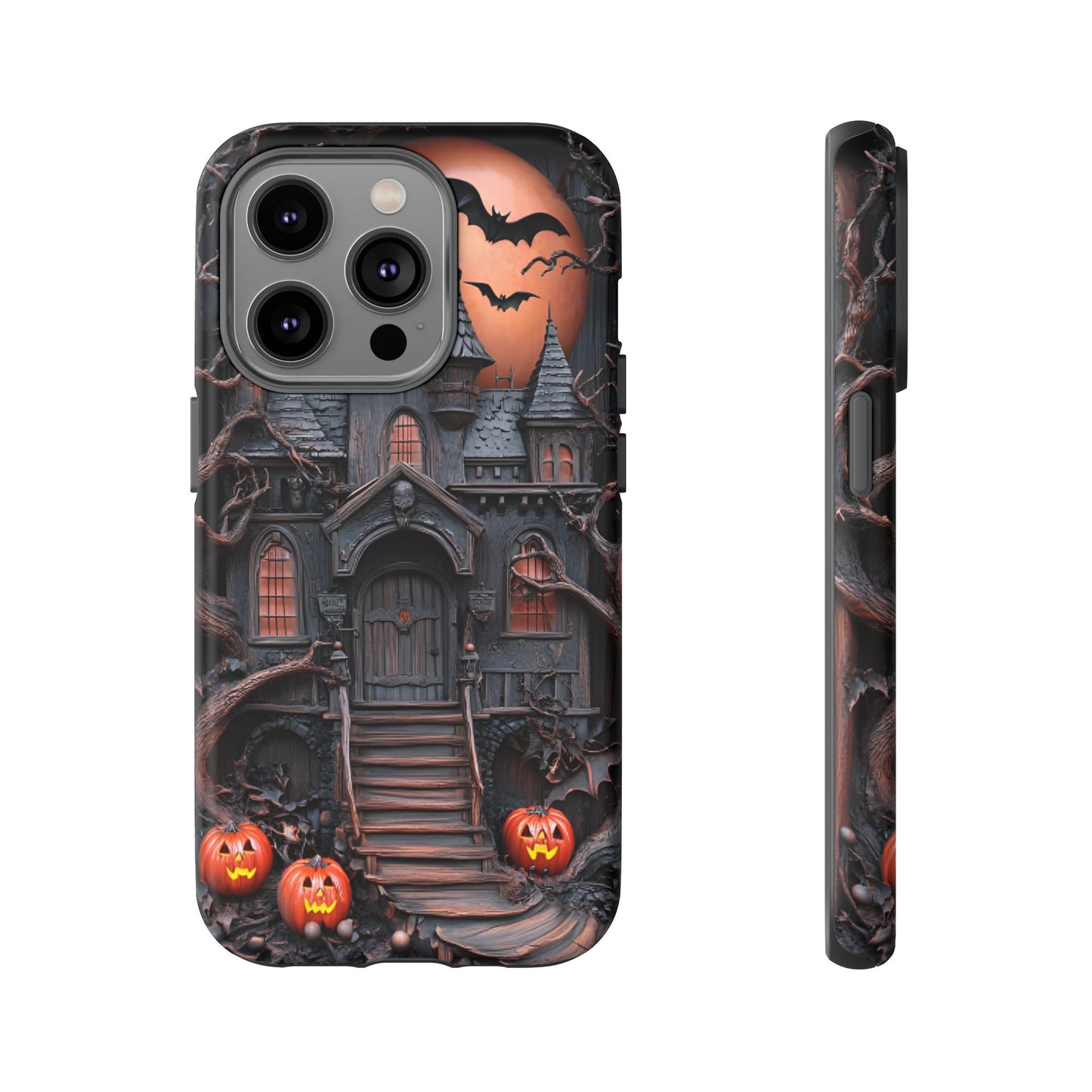 Carved Wood Haunted House Phone Case - Faux Wood Spooky Halloween Phone Cases - iPhone 16 15 14 13 12 11, Samsung Galaxy & Google Pixel Phone Covers