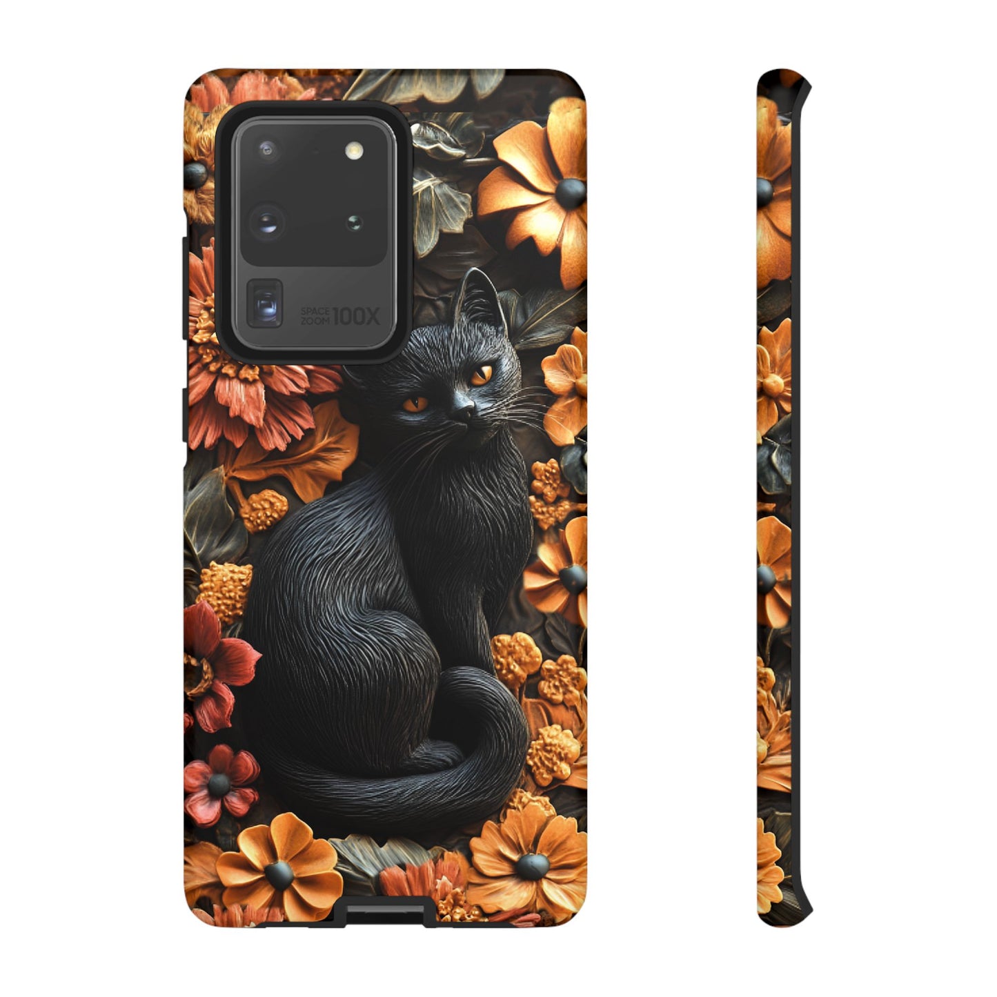 Black Cat Floral Fall Phone Case - Carved Clay Effect Cat Lover Phone Cases for iPhone 16 15 14 13 12 11, Samsung Galaxy & Google Pixel