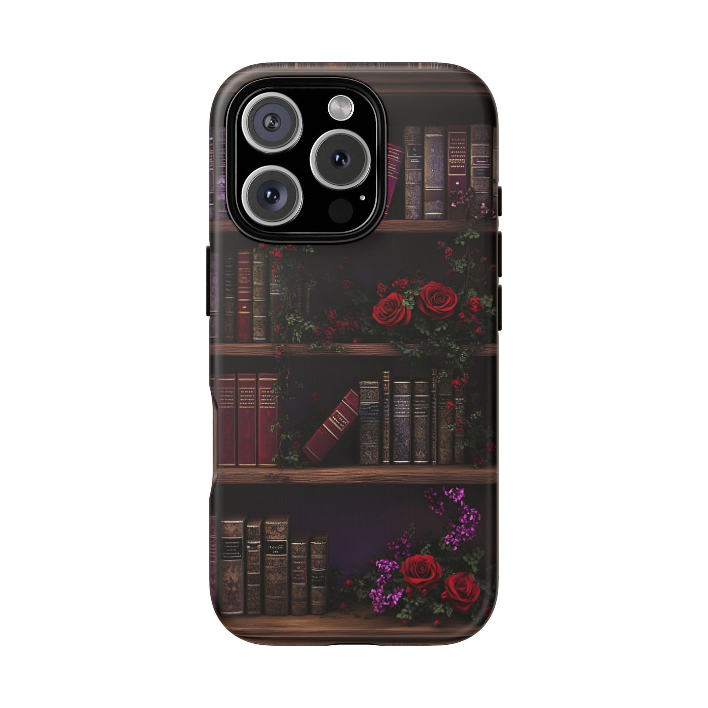 Book Lovers Phone Case - Roses and Books in Moody Vintage Bookshelf - iPhone 16 15 14 13 12 11, Samsung Galaxy & Google Pixel Phone Covers