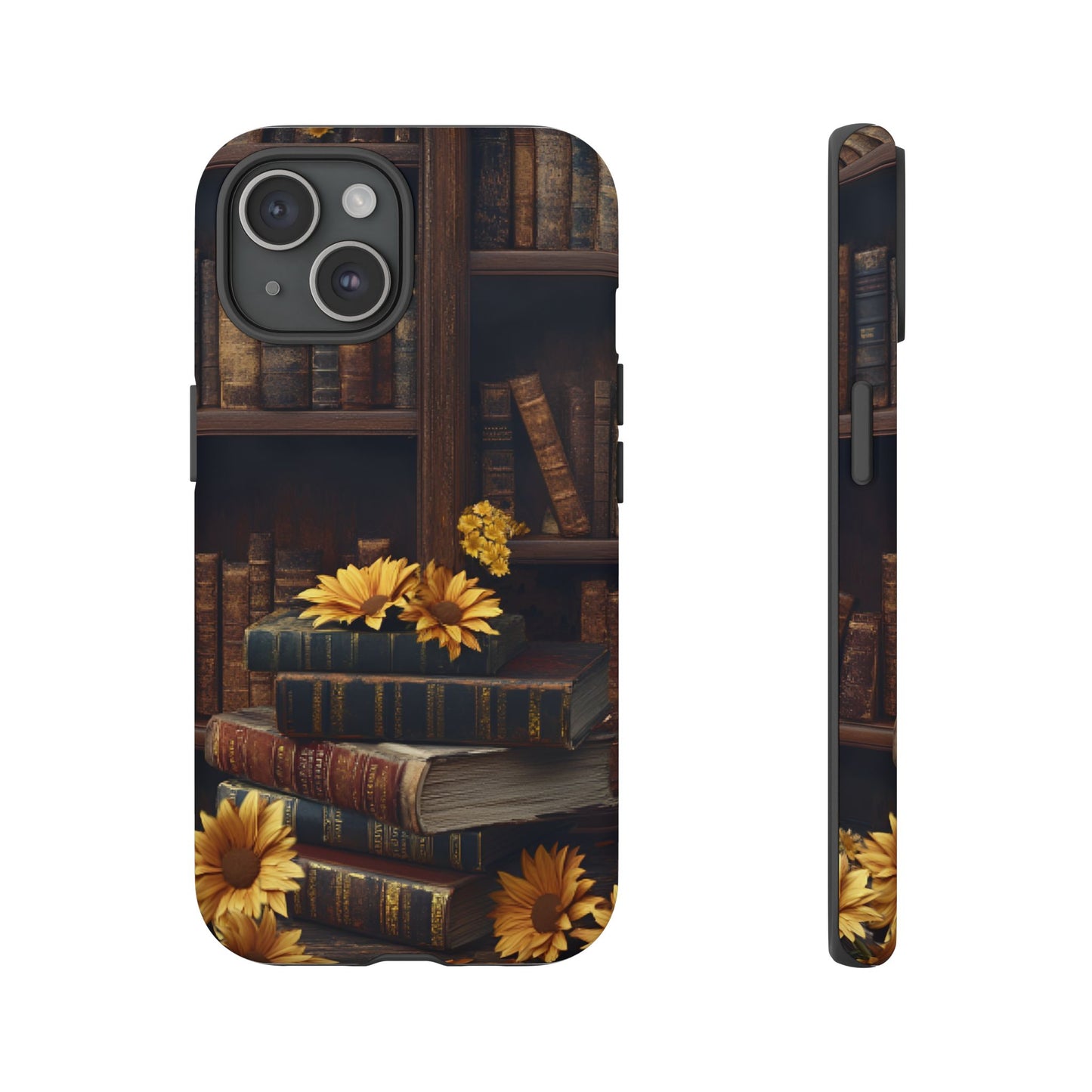 Vintage Books and Sunflowers Phone Case - Dark Academia Library Phone Cases for iPhone 16 15 14 13 12 11, Samsung Galaxy & Google Pixel