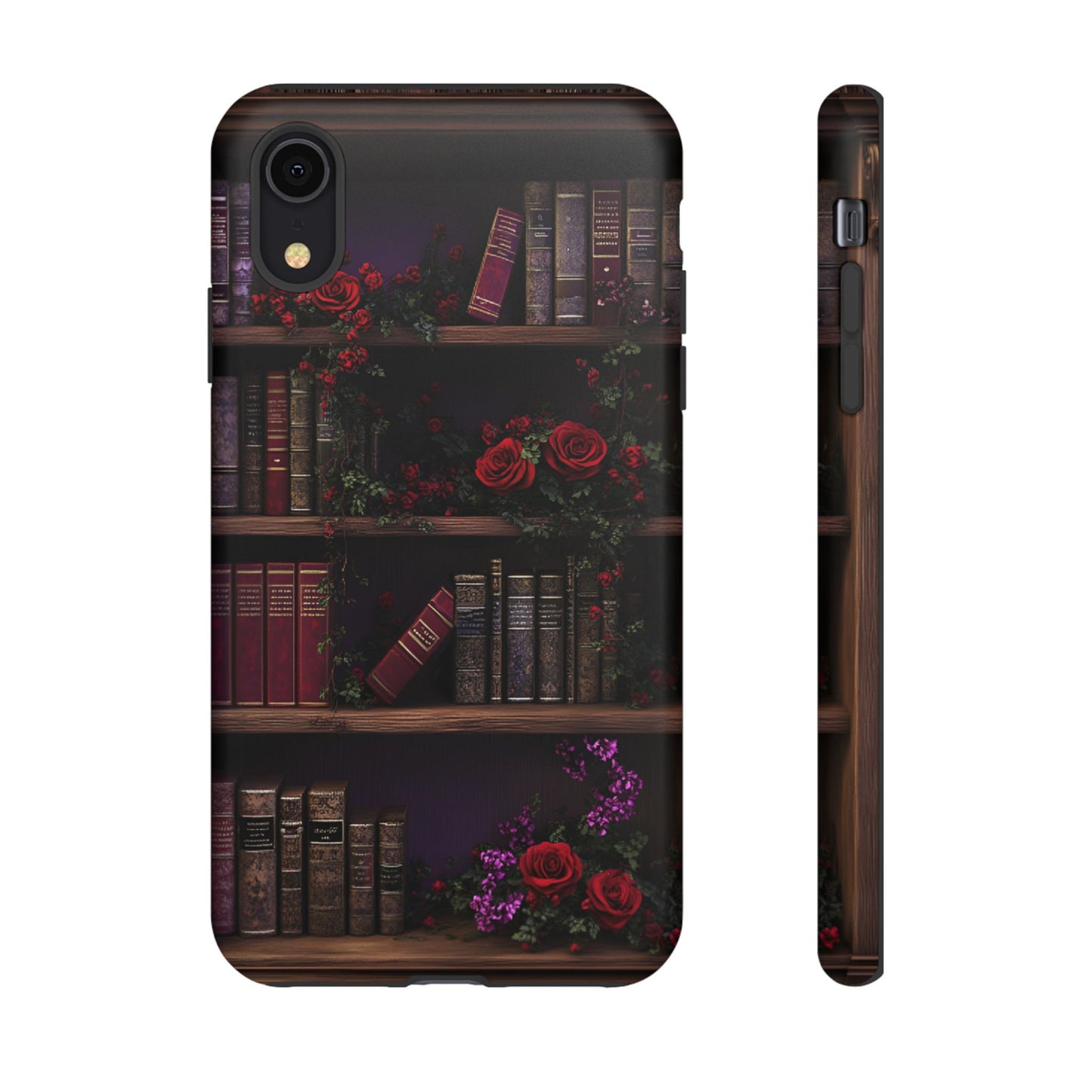 Book Lovers Phone Case - Roses and Books in Moody Vintage Bookshelf - iPhone 16 15 14 13 12 11, Samsung Galaxy & Google Pixel Phone Covers - Boo and Bewear