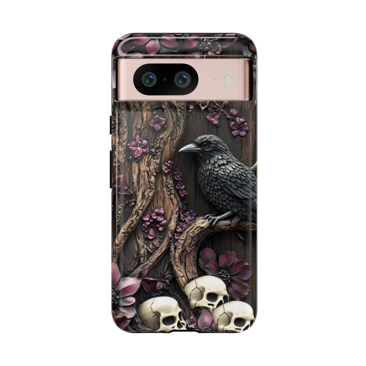 Raven and Skulls Phone Case - Gothic Faux Wood Phone Cases - iPhone 16 15 14 13 12 11, Samsung Galaxy & Google Pixel Phone Covers