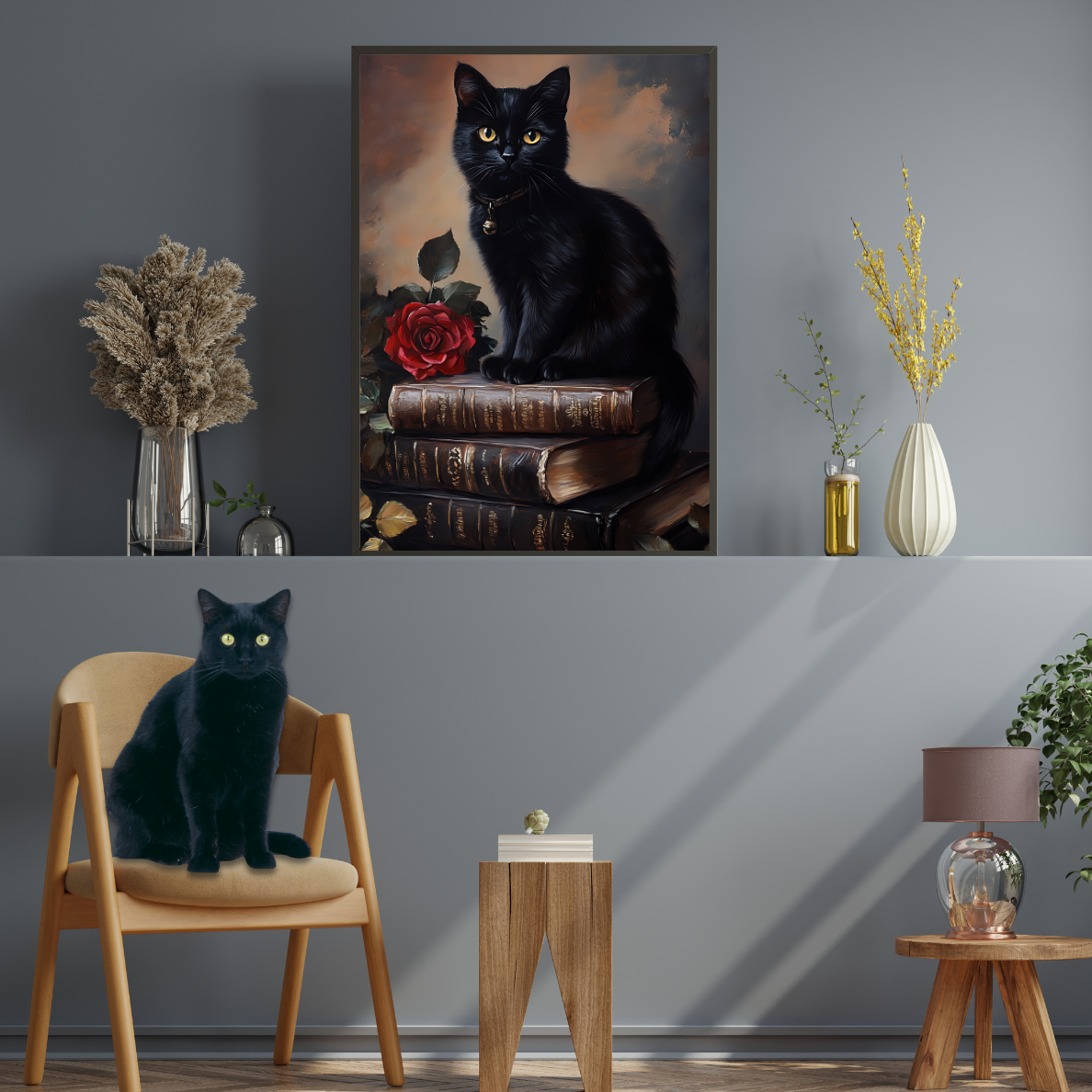 Black Cat Dark Academia Wall Art – Vintage Books and Roses Print – Bookish Cat Lover Painting