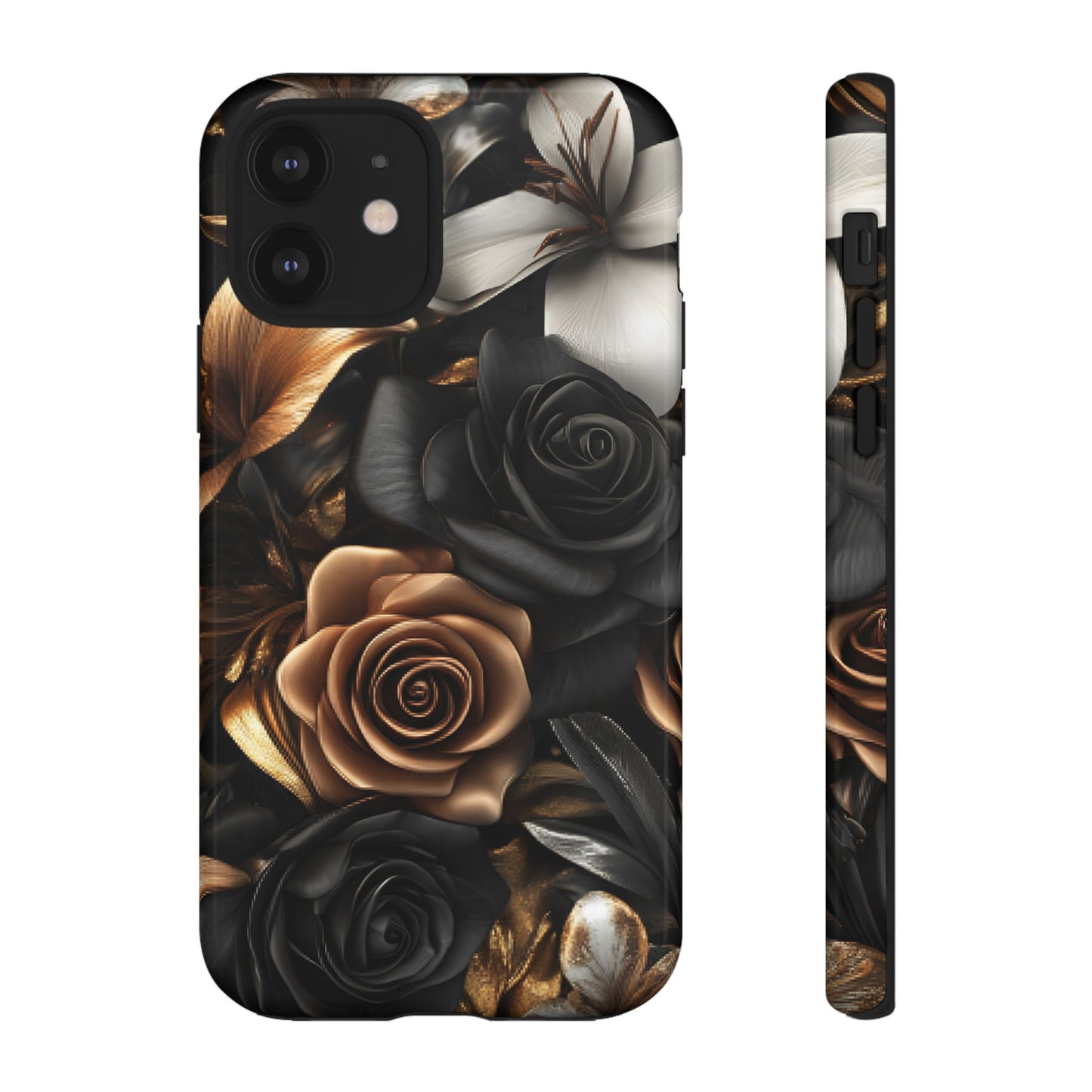 Floral Phone Case - Black and Gold Roses for iPhone 16 15 14 13 12 11, Samsung Galaxy & Google Pixel