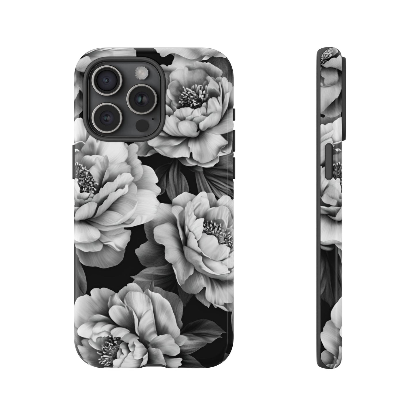 Black and White Peony Flower Phone Case - Aesthetic Dark Floral Phone Cases - iPhone 16 15 14 13 12 11, Samsung Galaxy & Google Pixel Phone Covers