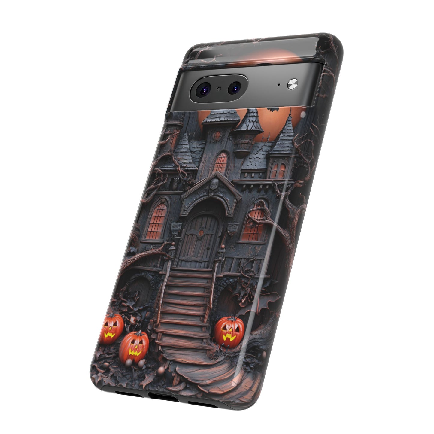 Carved Wood Haunted House Phone Case - Faux Wood Spooky Halloween Phone Cases for iPhone 16 15 14 13 12 11, Samsung Galaxy & Google Pixel