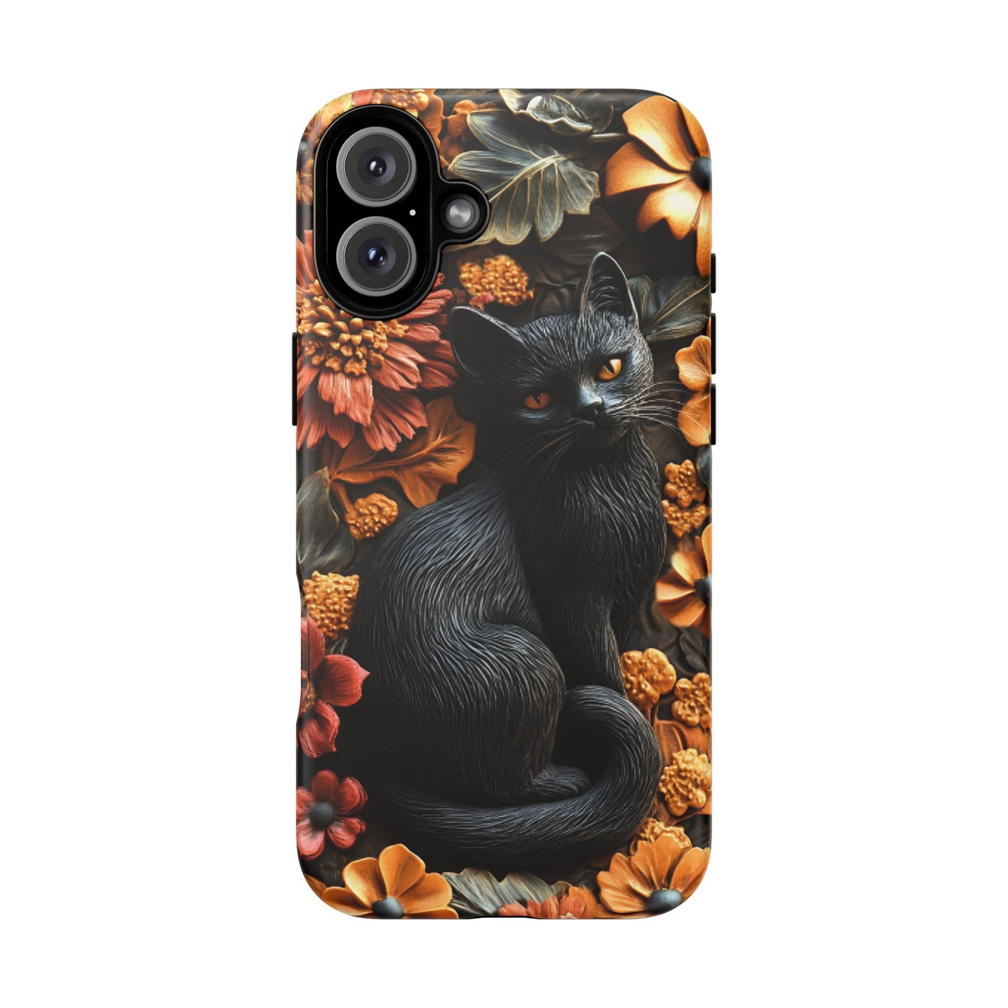 Black Cat Floral Fall Phone Case - Carved Clay Effect Cat Lover Phone Cases for iPhone 16 15 14 13 12 11, Samsung Galaxy & Google Pixel