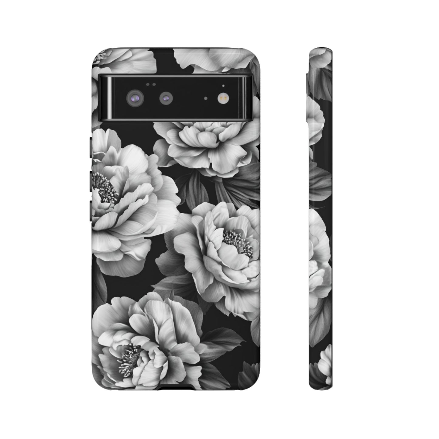 Black and White Peony Flower Phone Case - Aesthetic Dark Floral Phone Cases for iPhone 16 15 14 13 12 11, Samsung Galaxy & Google Pixel